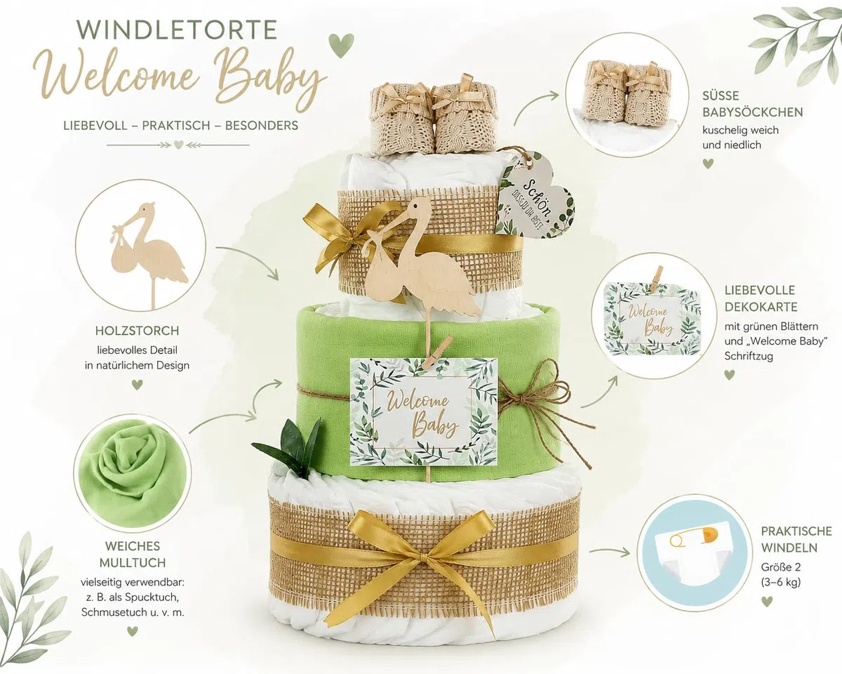 Premium Windeltorte Storch mit Bündel | inkl. Babybooties und Mullwindel | 3-stöckig (grün)
