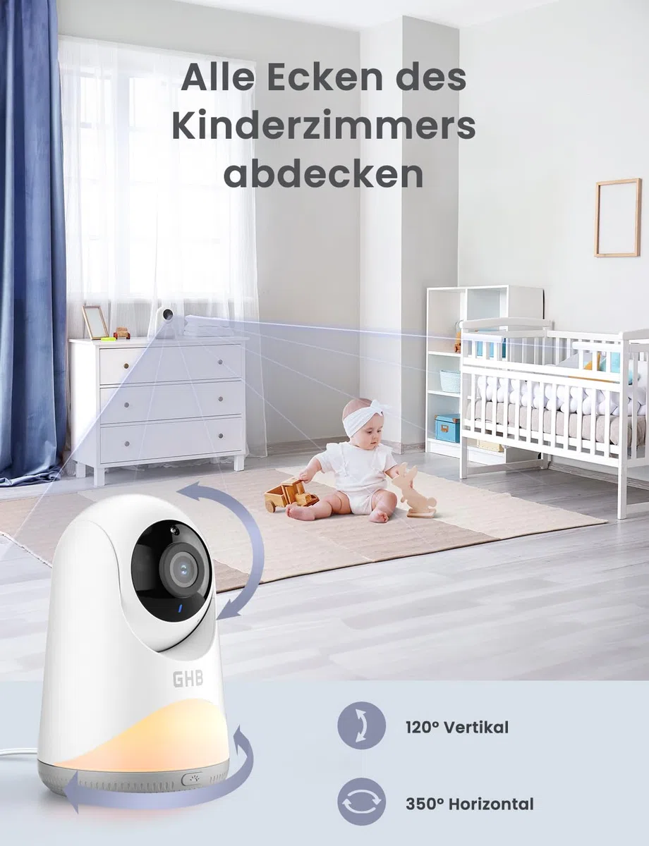 GHB Babyphone mit Kamera 5'' HD IPS Bildschirm 720P 3050mAh VOX Modus 3X Zoom Nachtsicht Gegensprechfunktion 8 Wiegenlieder 4 Kamera Unterstützt