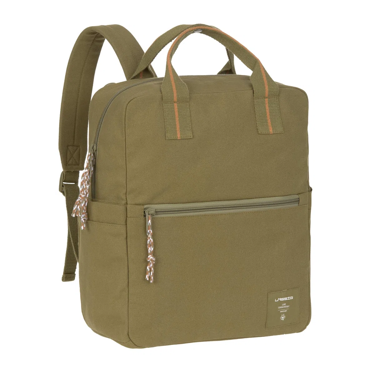 LÄSSIG Baby Wickelrucksack Wickeltasche mit Wickelunterlage und Kinderwagenbefestigung wasserabweisend/Little One & Me Square Backpack Big olive