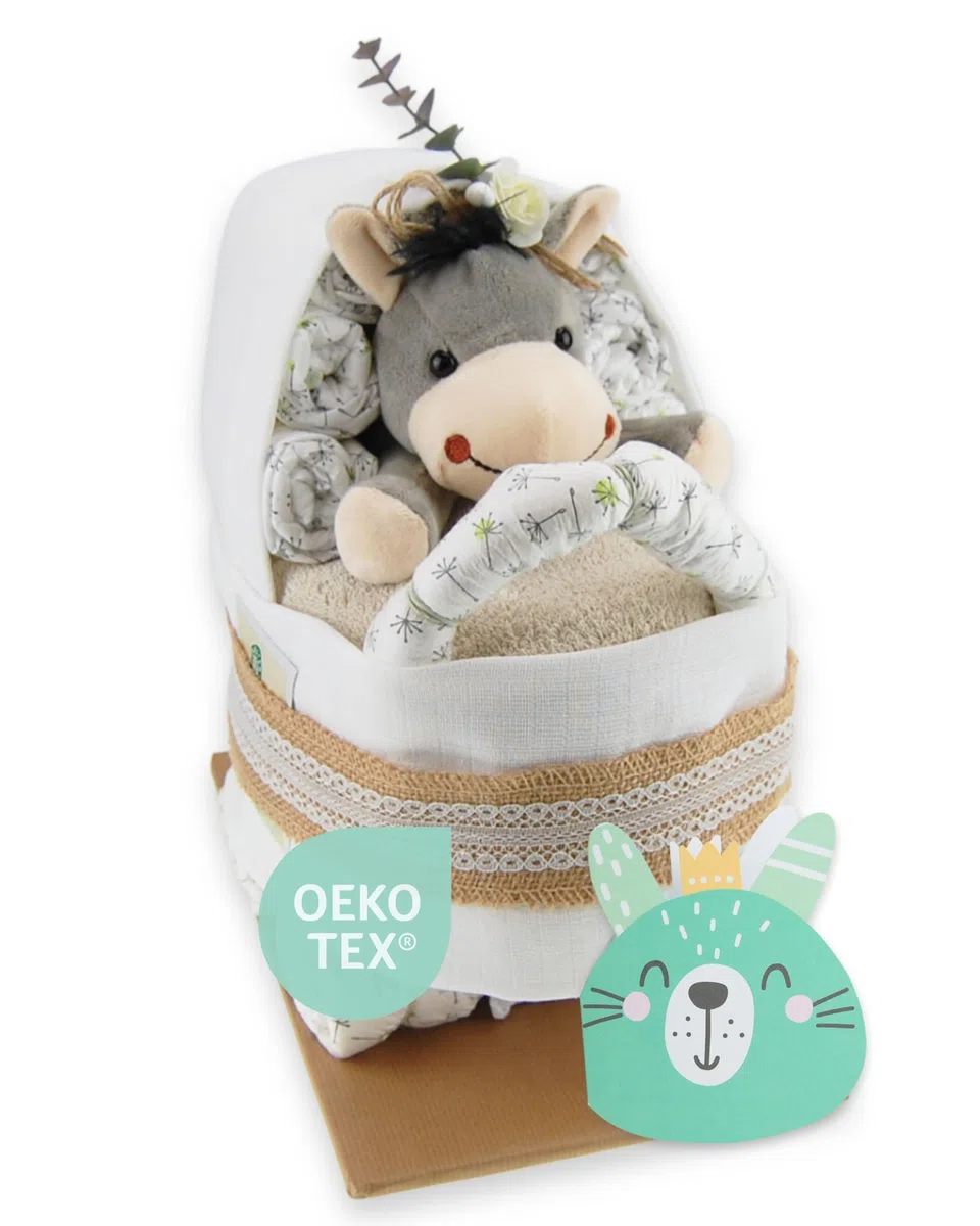 Kinderwagen mit Kuscheltier - Plüschtier - Geschenk zur Geburt - Babyparty - Baby - Babyshower - Pullerparty (Vintage/Jute/Boho)