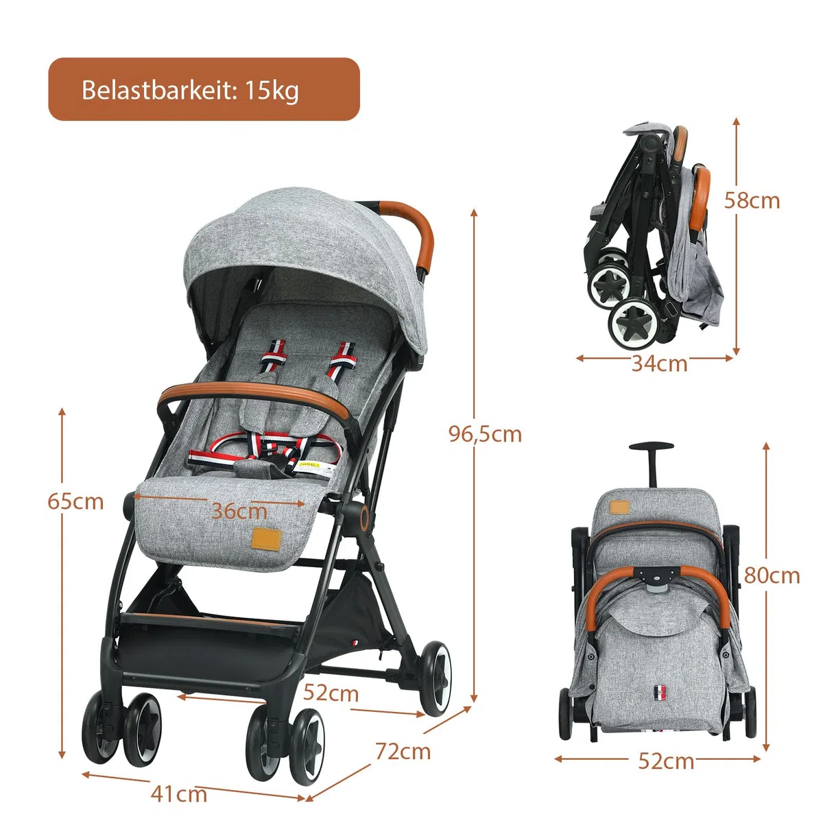 COSTWAY Kinderwagen Einhand Faltbar, Kinderbuggy mit verstellbare Rückenlehne & Verdeck, Reisebuggy mit Liegefunktion, Sicherheitsgurt für Baby bis 3 Jahren, 15 kg Belastbar (Grau)