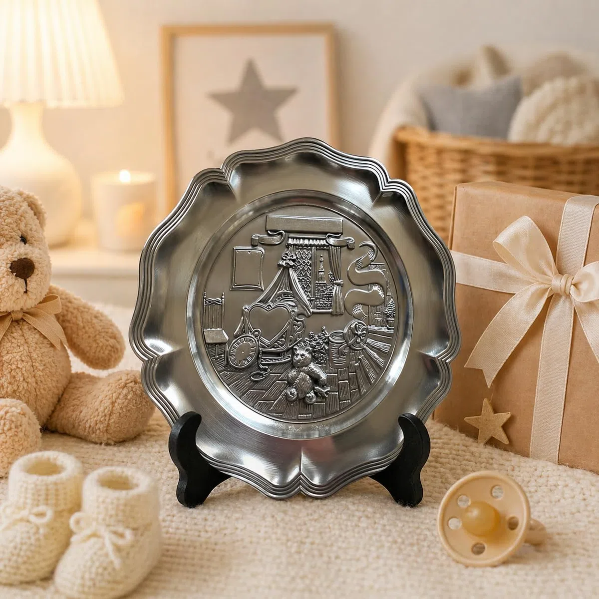 Geburtsteller personalisiert aus Zinn mit Gravur – Taufteller mit Name, Geburtsdatum, Uhrzeit, Gewicht & Größe – Handgefertigtes Geschenk zur Geburt & Taufe – Baby Erinnerungsstück Ø 225 mm