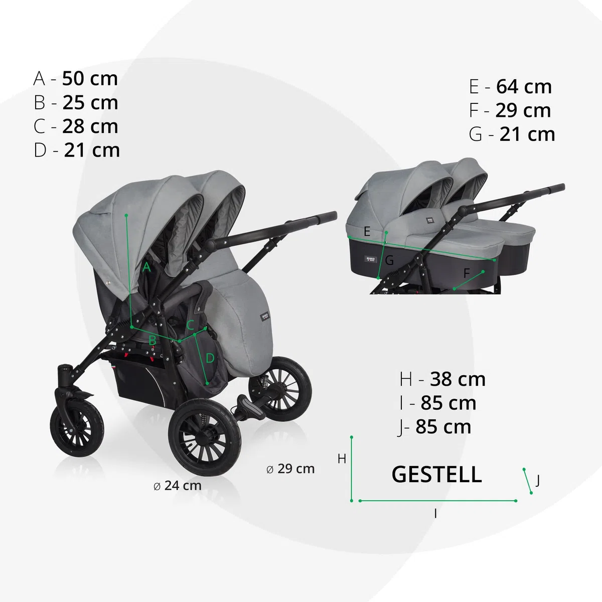 Riko Basic kinderwagen 2 in 1 SAXO für Zwillinge – 2 baby Gondeln – kinderwagen für 2 kinder – Ventilatoren und Verdeck – geräumiger Korb und Tasche – Zentralbremse – Onyx