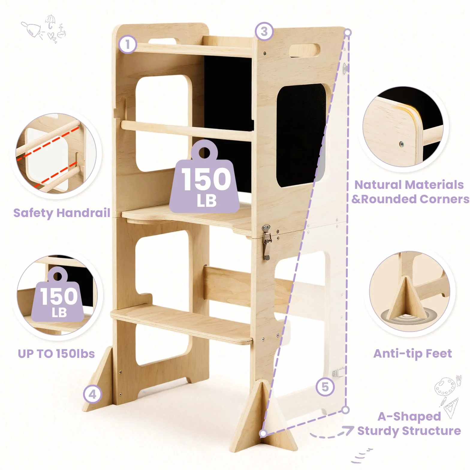 Labebe Lernturm für Kinder, Faltbarer Montessori Learning Tower, 3 in 1 Montessori Küchenhelfer Lernturm ab 18 Monate (Holz)