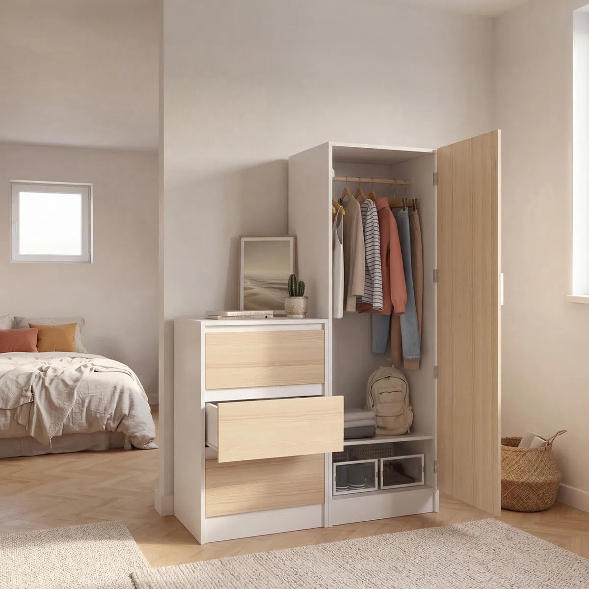 IDMarket 1-türiger Kleiderschrank Ambre mit Kommode 3 Schubladen 100 cm Buche Weiß