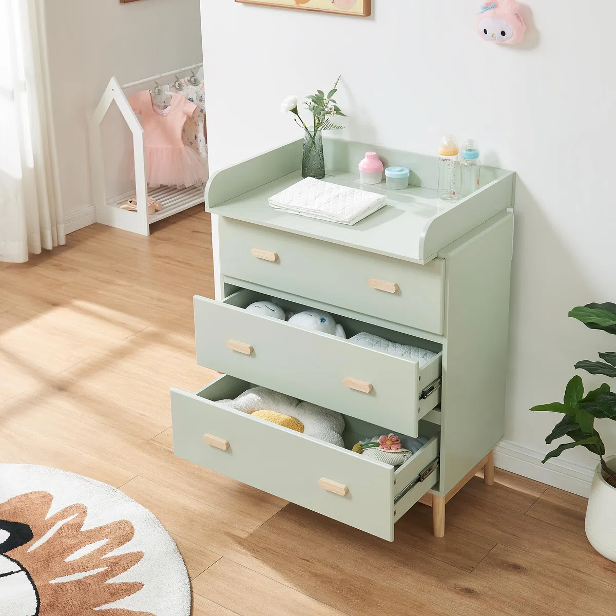 [en.casa] Wickelkommode Sarievn 100 x 80 x 53 cm Wickeltisch mit abnehmbarer Wickelauflage Kommode mit 3 Schubladen Mintgrün