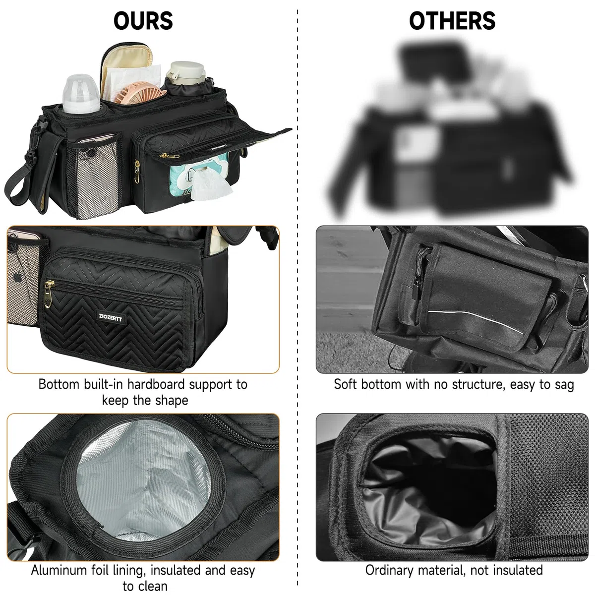 Universeller Kinderwagen-Organizer mit isoliertem Getränkehalter, Kinderwagen-Caddy Tasche mit Feuchttücher-Tasche, Kinderwagen-Zubehör, passend für Uppababy, Doona, Jogger, Britax, Mompush