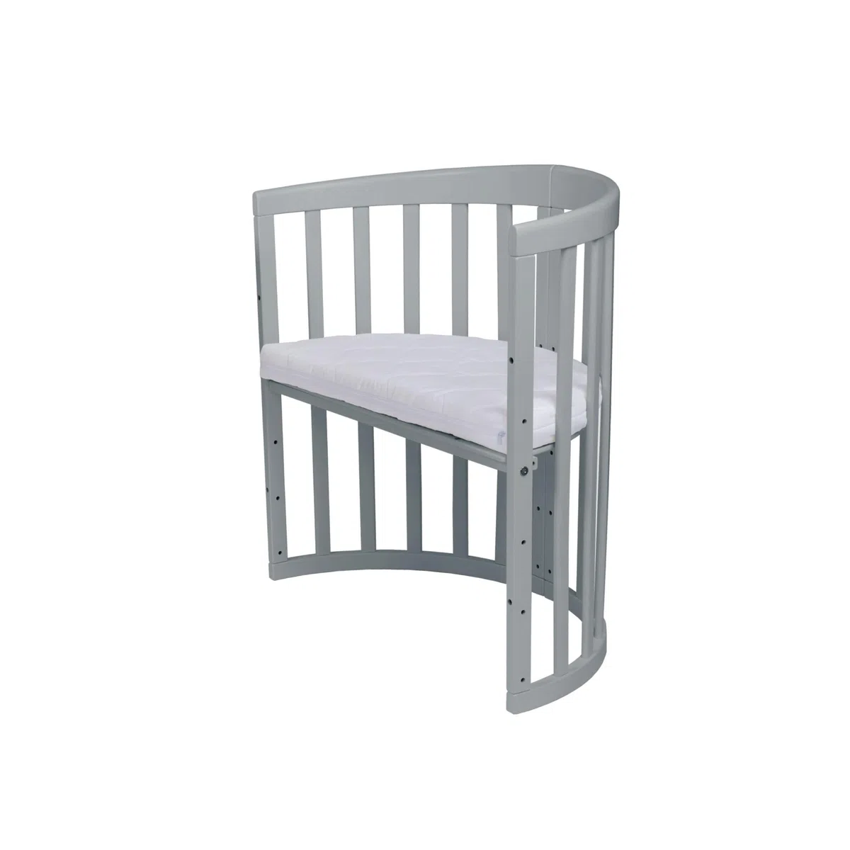 waldin Babybett Oval 7in1, Matratze, Rollen, Regal, Grau | Ohne Stoffset, Mitwachsend, Beistellbett aus Holz, Wiege optional