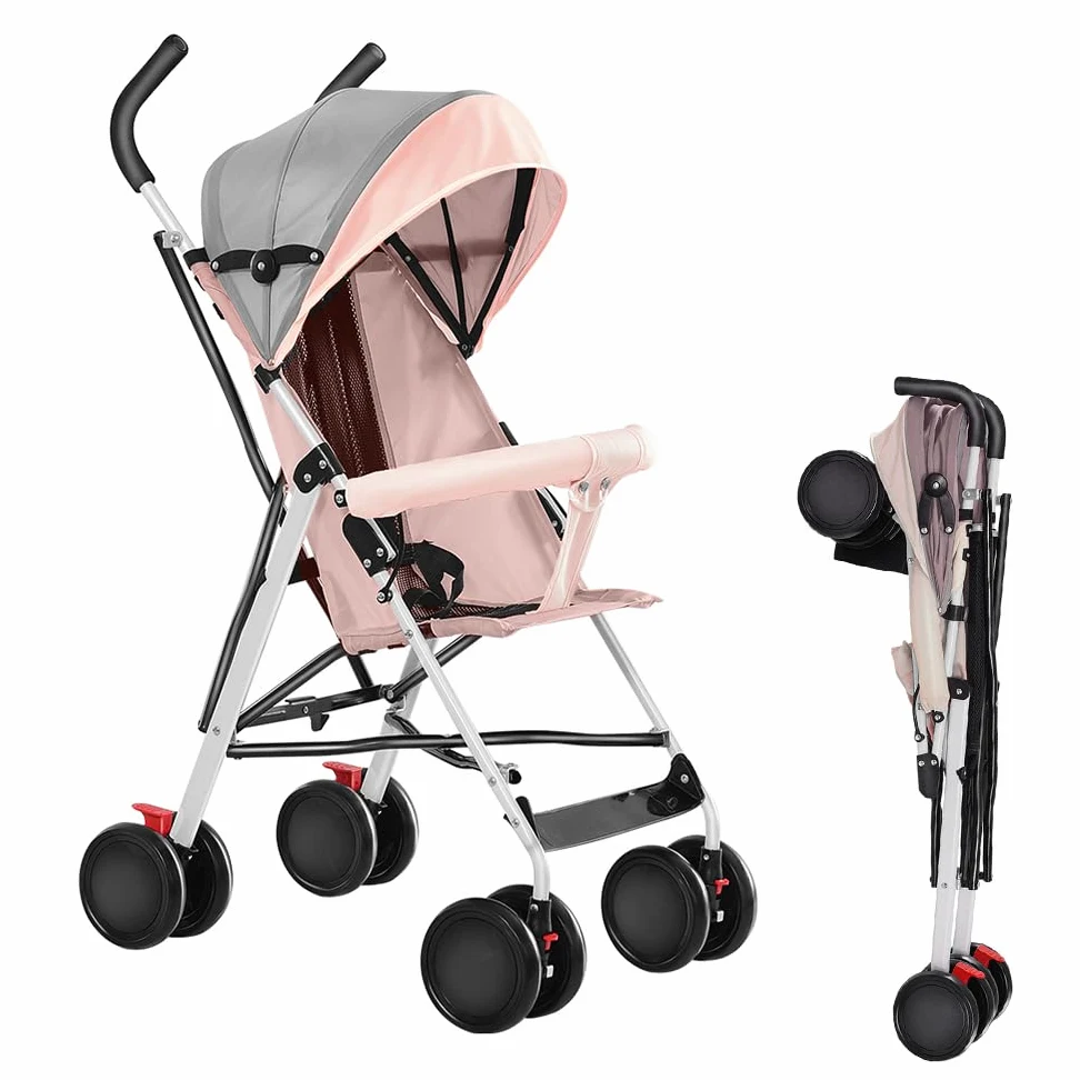 Kinderbuggy, Kinderwagen Zusammenklappbar, Reise-Kinderwagen mit Wattepads und Moskitonetzen (Rosa)