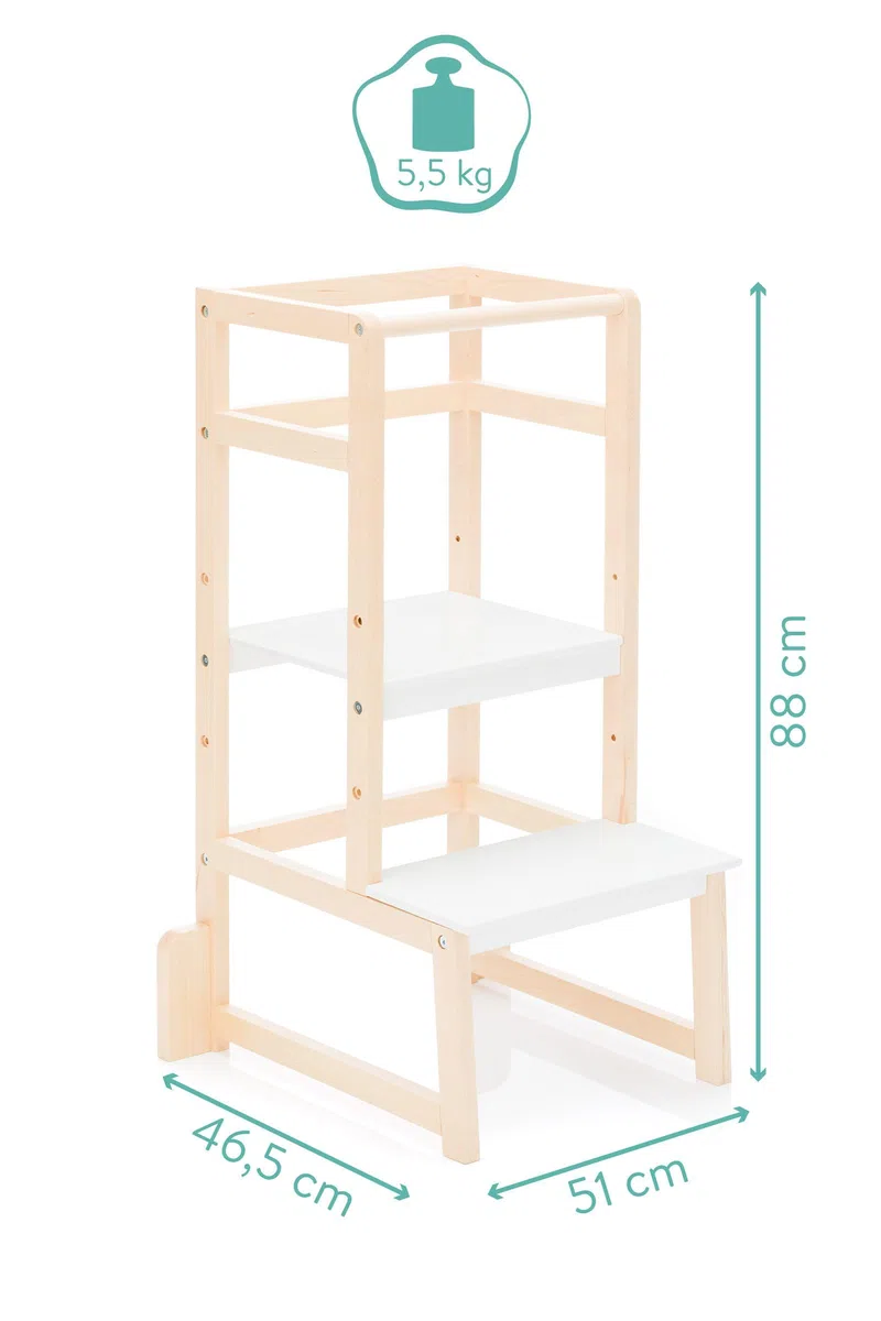 Fillikid Kinder Lernturm | Entdeckertum mitwachsend aus Buchenholz | Lerntower Montessori Lernstuhl ab ca. 1 Jahr | Küchenhelfer höhenverstellbar, extrem kippsicher