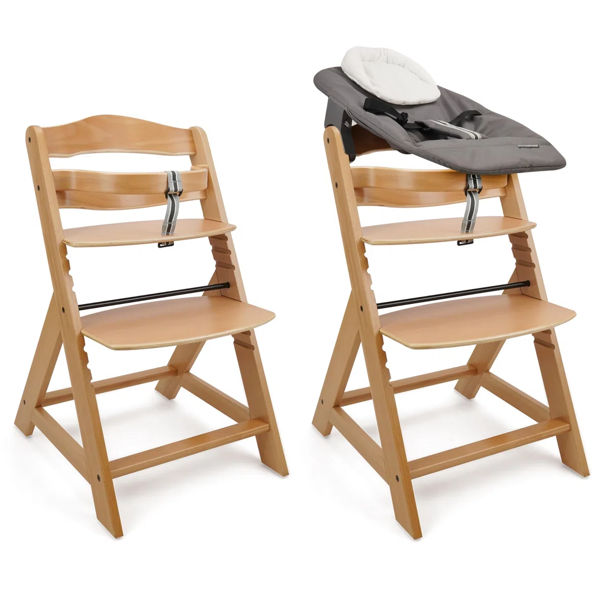 509 Crew Sun Wooden High Chair Grow Up Set from New Born Up to 90kg, Baby High Chair Include New Born Seat, Pillow Cushion, Color Natural Charcoal