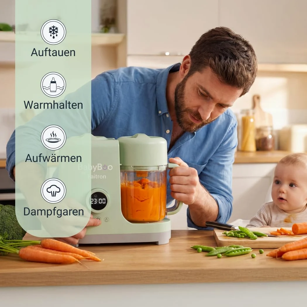 BabyBoo Babynahrungszubereiter 7-in-1, Dampfgarer & Mixer, 300W, Edelstahlkorb, Tritan-Behälter, Digitaldisplay