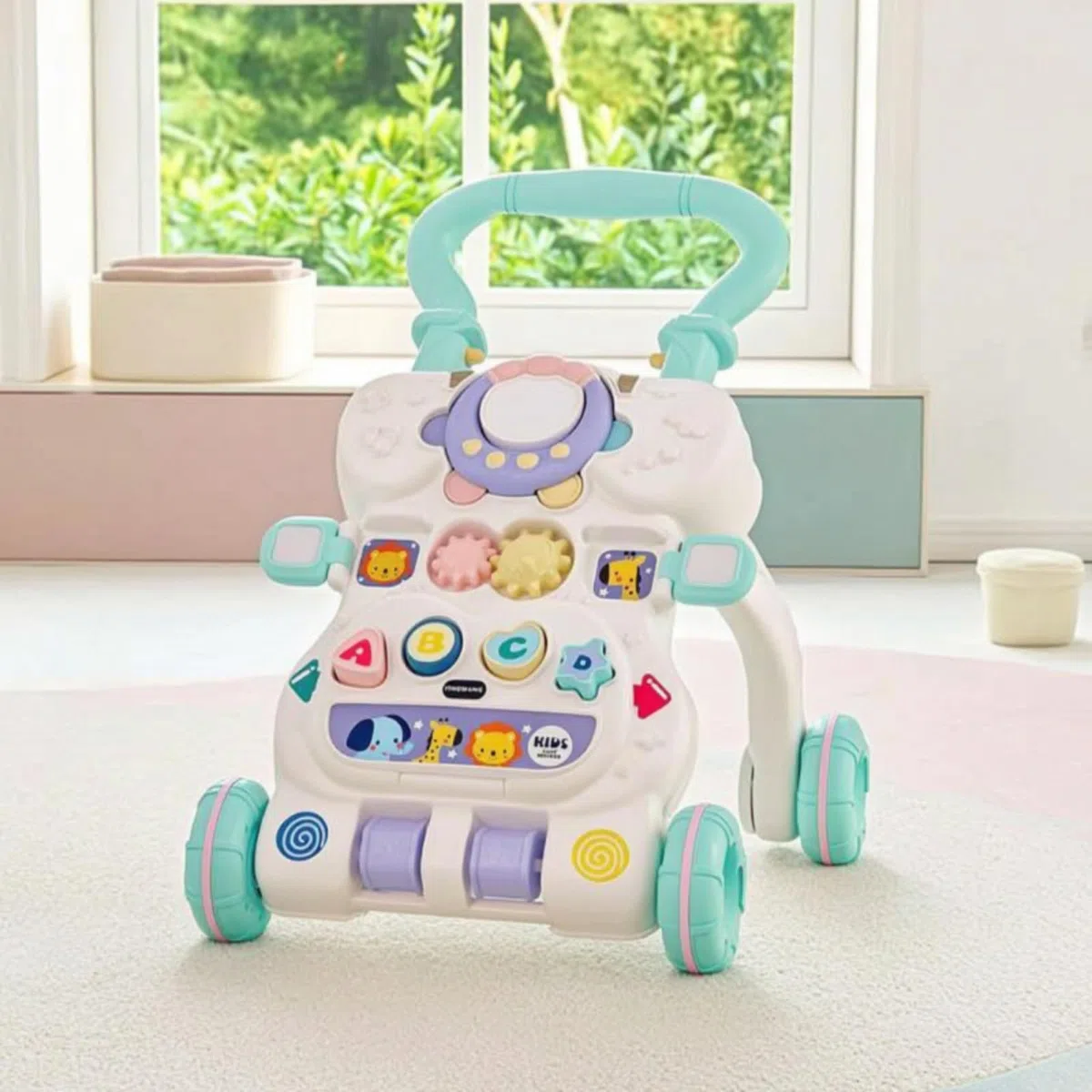 kindlauflernwagen mit Spielbrett aktiv aktivitäts-lauflernhilfe multifunktional lauflernwagen für babys, zimmer, wohnbereich, Blue Basic Battery