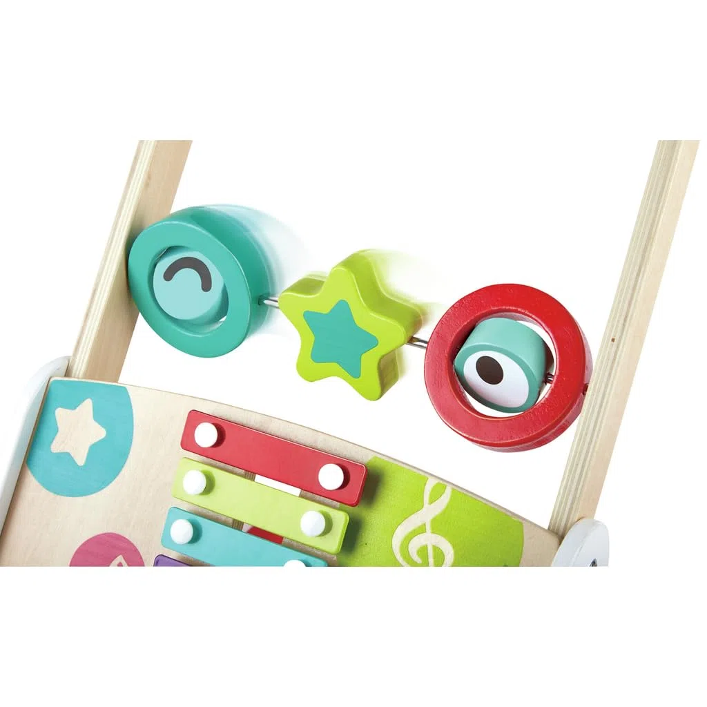 Hape Musik Lauflernwagen - Lauflernhilfe aus Holz mit Musik Xylofon, Trommel & drehbaren Blöcken, fördert Motorik, Balance und musikalische Früherziehung, ab 10 Monaten