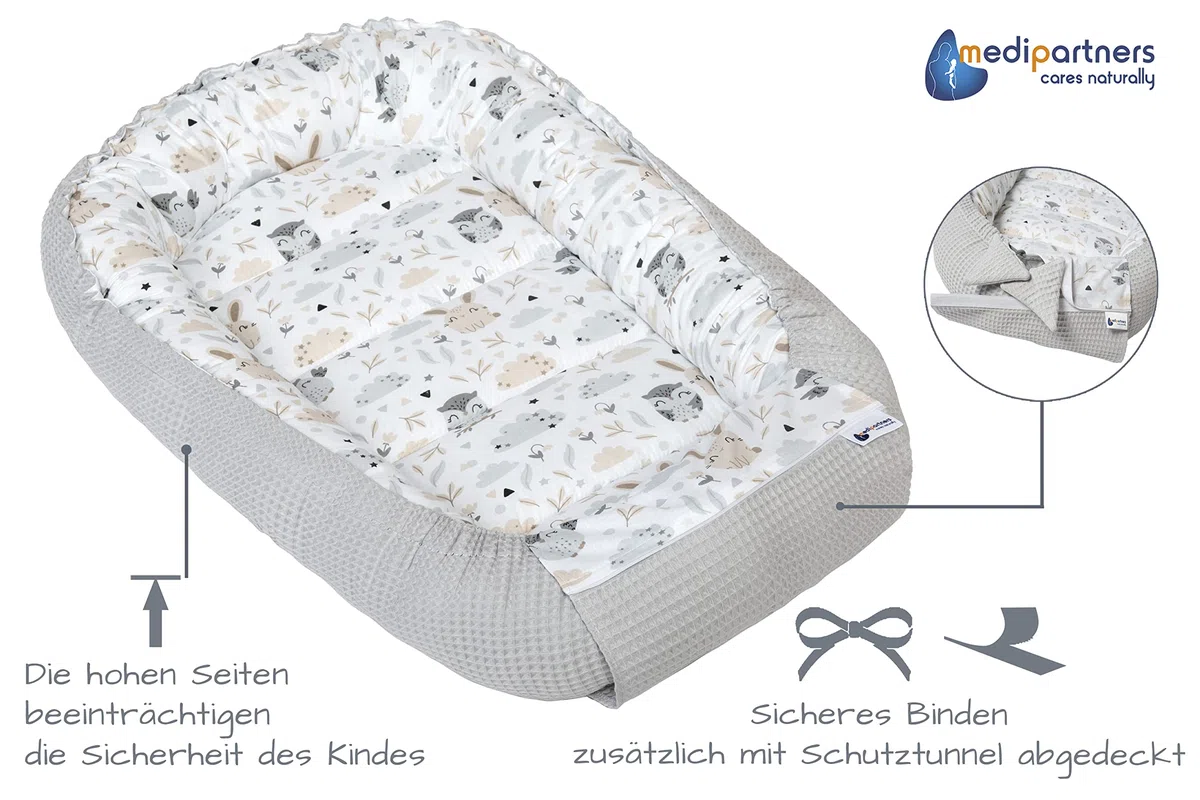 Medi Partners Babynest Nestchen für Neugeborene - 100x60x15 Babynestchen Baby zweiseitg Nest Bett 100% Baumwolle Waffel Kuschelnest tragbar (Lichtung mit Grauer Waffel)