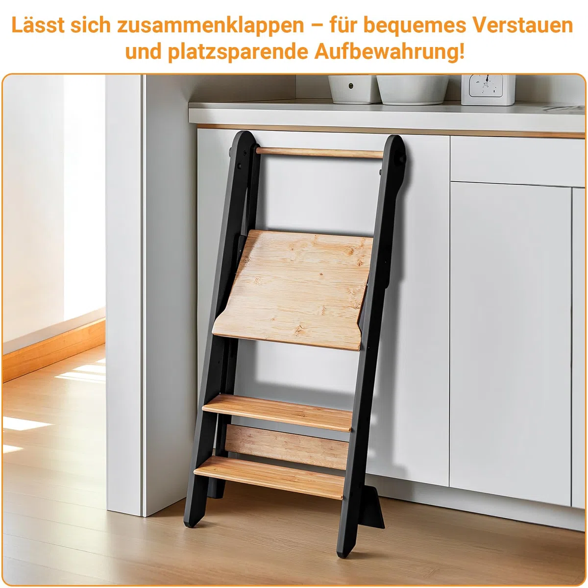 COSYLAND Lernturm ab 1 Jahr – Learning Tower 2-Fach höhenverstellbar & klappbar – Lernstuhl in Schwarz/Natur für Kinder – Montessori Stehturm aus Bambus – sicherer Tritthocker mit Kippschutz