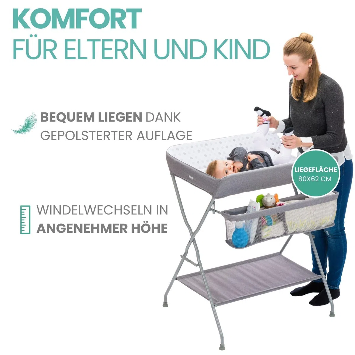 Fillikid Baby Wickelkombi - Punkte Grau | Klappbare Wickelkommode, mobiler Wickeltisch mit Wickelauflage und Ablagefächern, platzsparend und stabil