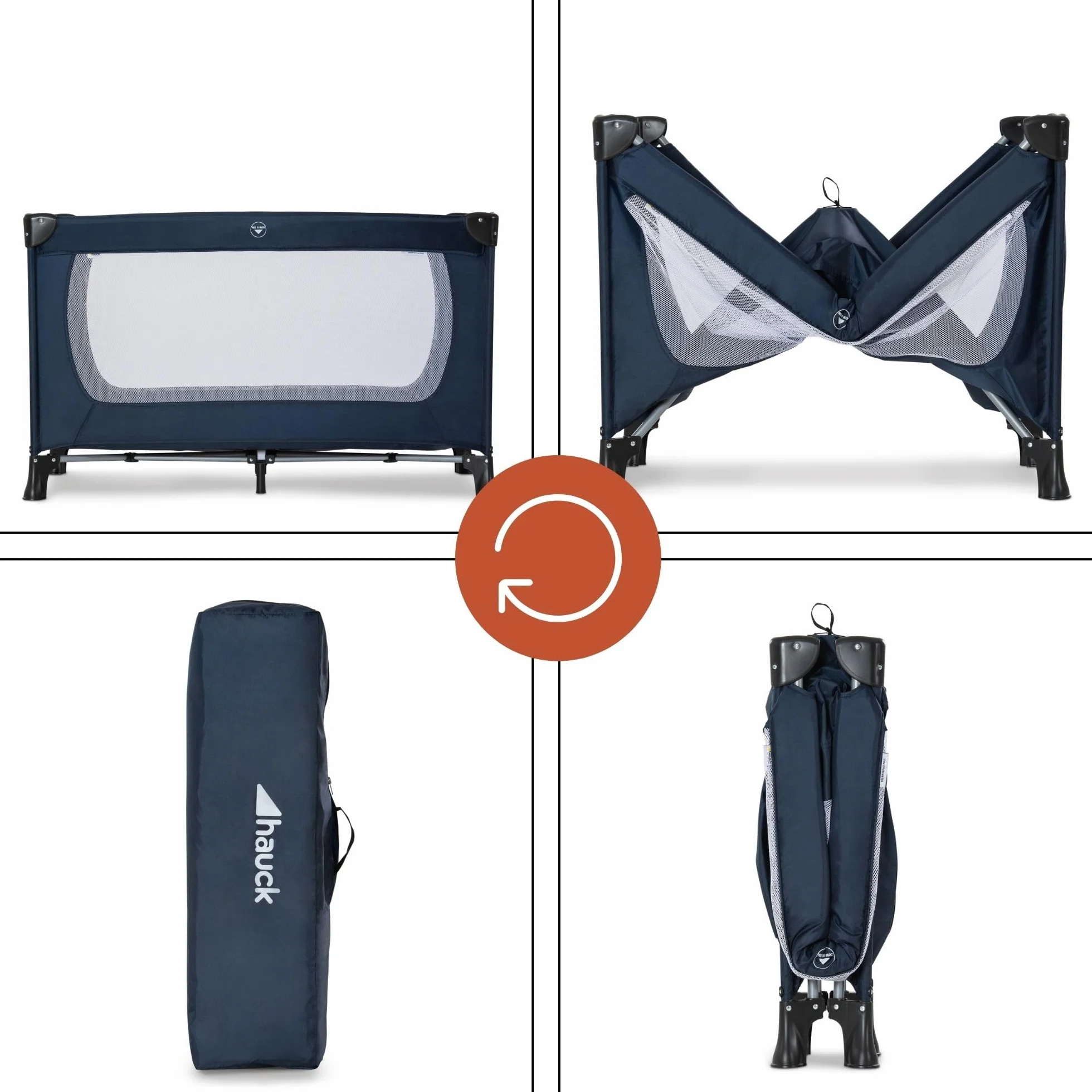 hauck Kinderreisebett Dream N Play Plus mit Transporttasche und Schlupf zum Spielen, Klein Zusammenklappbar, Baby Reisebett Kleinkind ab Geburt bis 15 kg (Navy/Aqua)