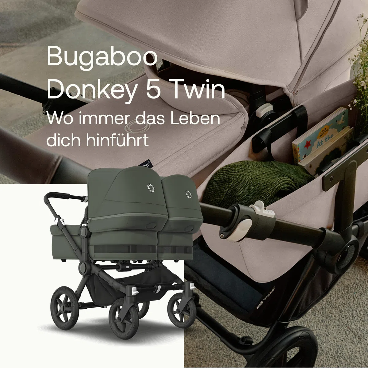 Bugaboo Donkey 5 Twin Erweiterungsset, verwandelt deinen Donkey 5 Mono in einen Zwillingskinderwagen,verbessertes Side By Side-Design, wendbarer Sitz und Ein-Hand-Steuerung, Forest Green