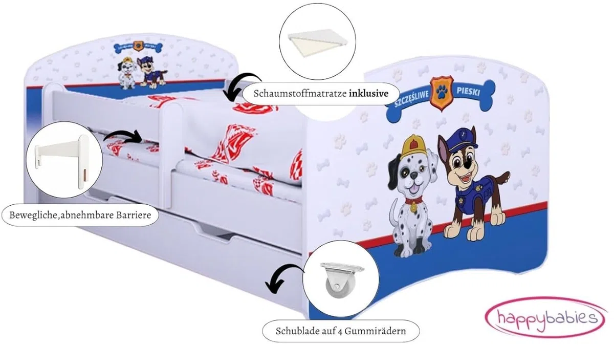 BDW Kinderbett Super Hunde - Babybett mit Matratze und Schublade - Bequem und Langlebig Rausfallschutz Bett - Kinderzimmer - Weiß (180x90)