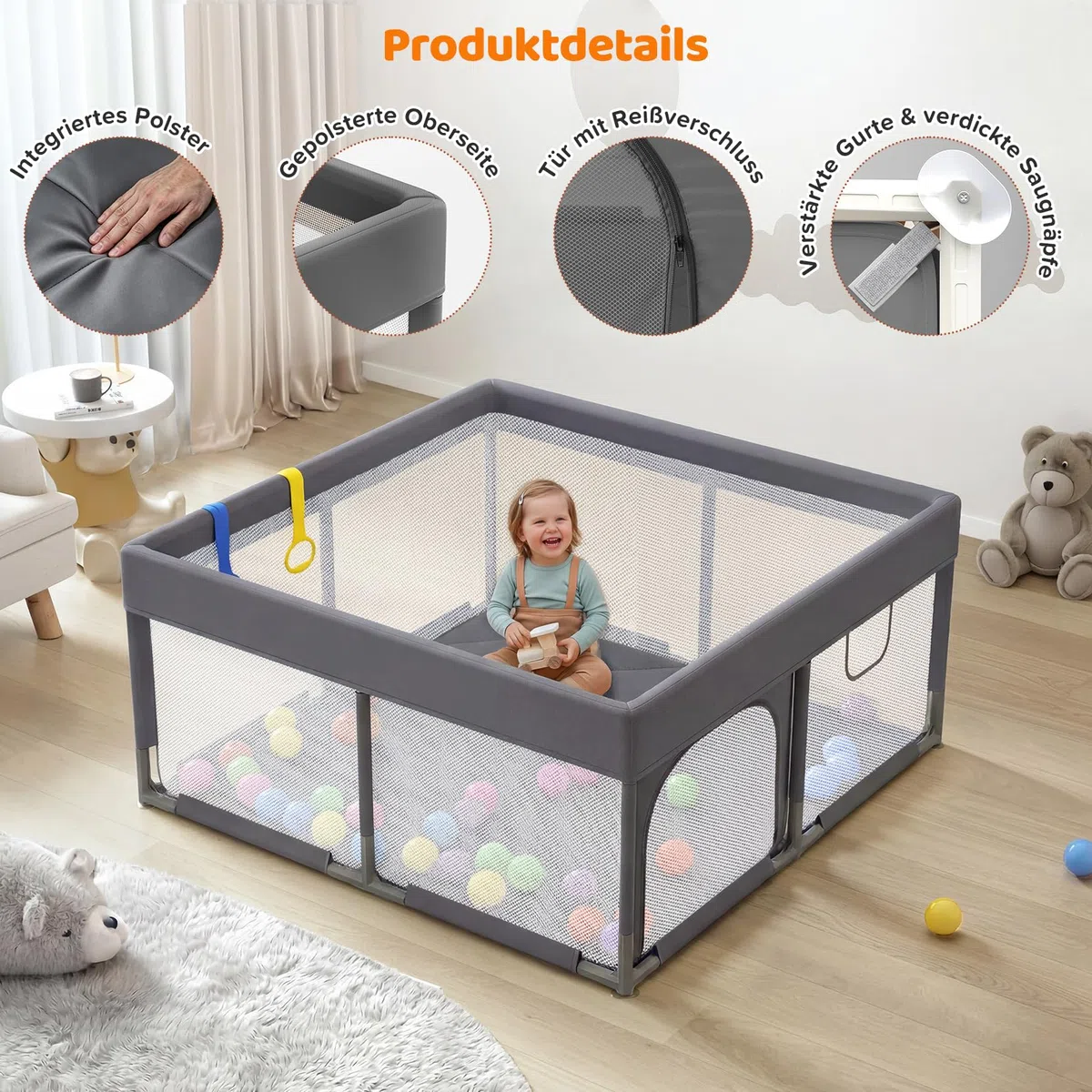 Dripex Laufstall Baby, Großes Laufgitter Baby faltbar für 2-3 Kinder, Indoor & Outdoor laufgitter & -Ställe mit atmungsaktivem Netz & 5 Pull-up Rings, 47x71", Hellgrau | All-in-One Design mit rundum gepolstertem Rahmen, integrierter Matte, 2 Greifringen u