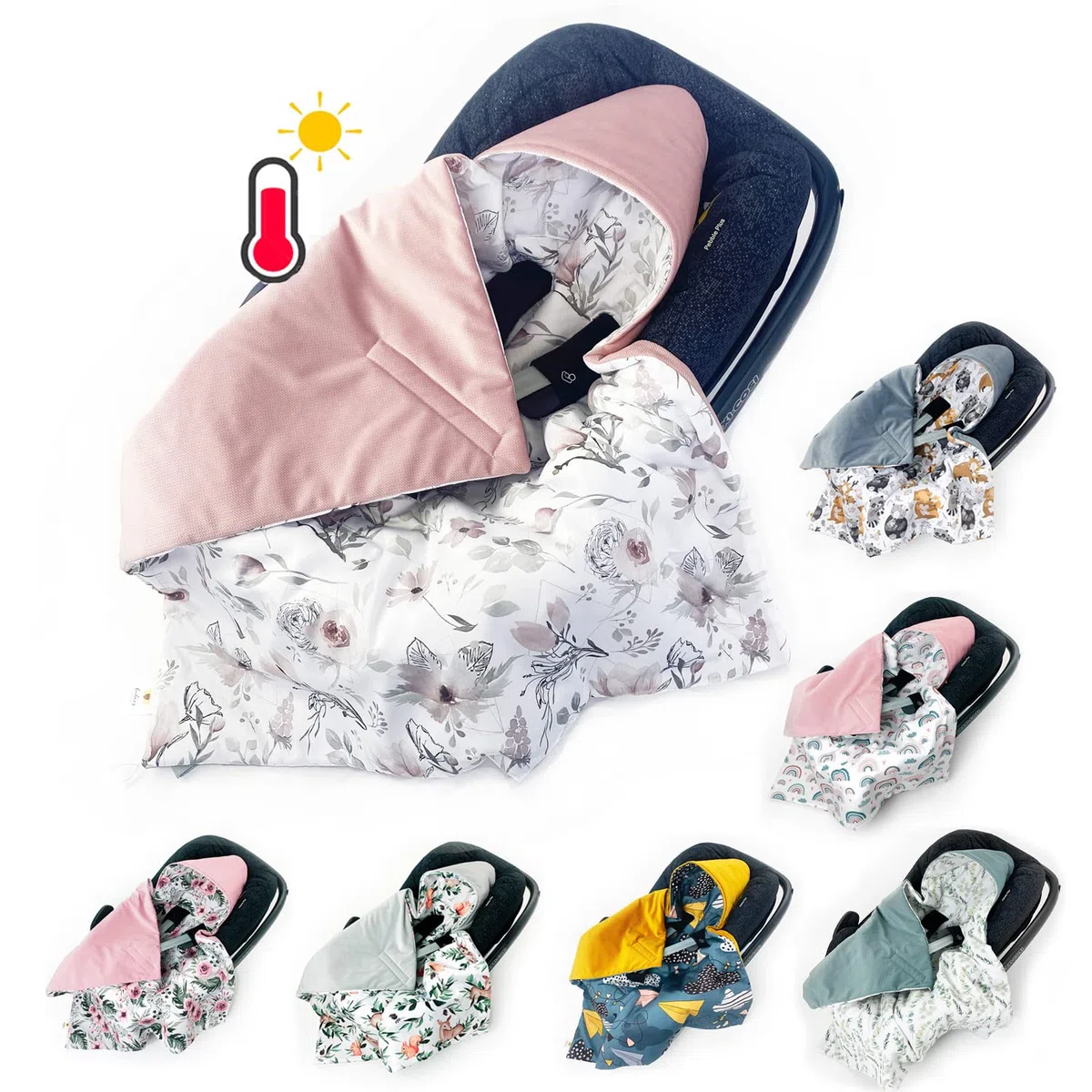 Einschlagdecke für Babyschale Autositz, Universal, Frühling Sommer Minky Baby Decke mit Klettverschluss Babytragen leicht Übergangssaison (BLUMEN)