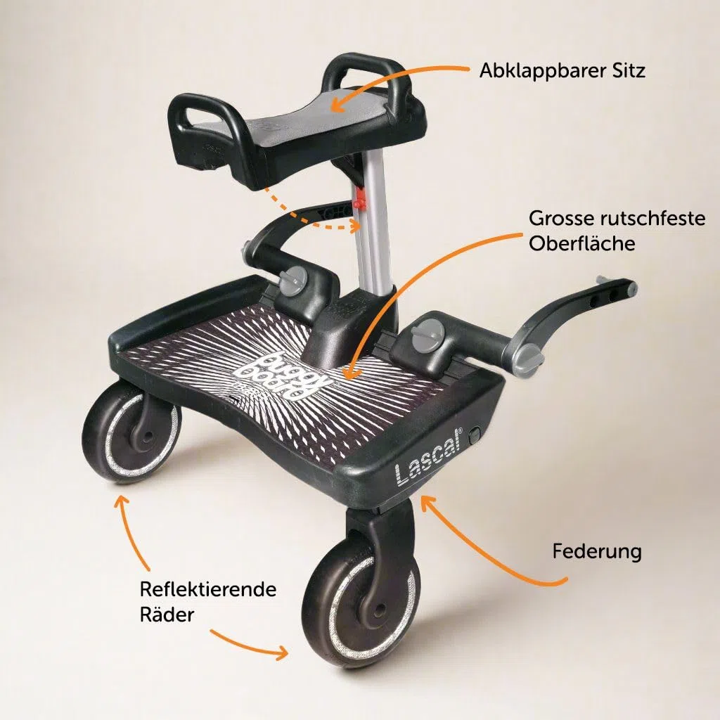 Lascal BuggyBoard Maxi+, Kinderbuggy Trittbrett mit großer Stehfläche und Saddle, Kinderwagen Zubehör für Kinder von 2-6 Jahren (22 kg), kompatibel mit fast jedem Buggy, schwarz mit rotem Sattel