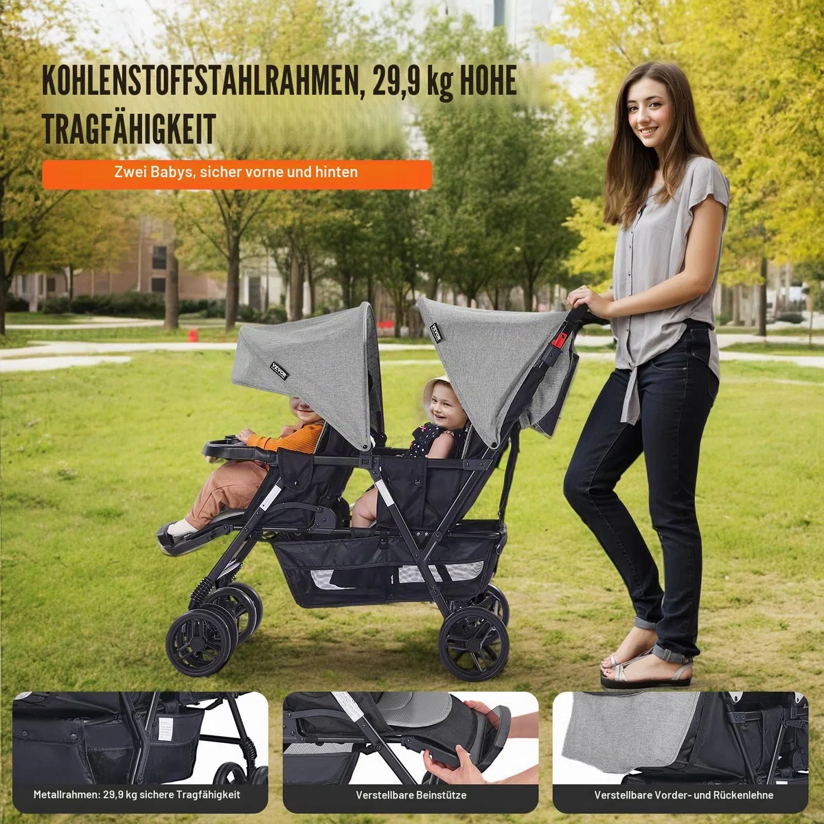 VEVOR Geschwisterwage, faltbarer, Zwillingskinderwagen mit Tandemsitz, verstellbarer Rückenlehne/Fußstütze, Sicherheitsgurt, Aufbewahrungskorb und Tablett, für Neugeborene und Kleinkinder (dunkelgrau)