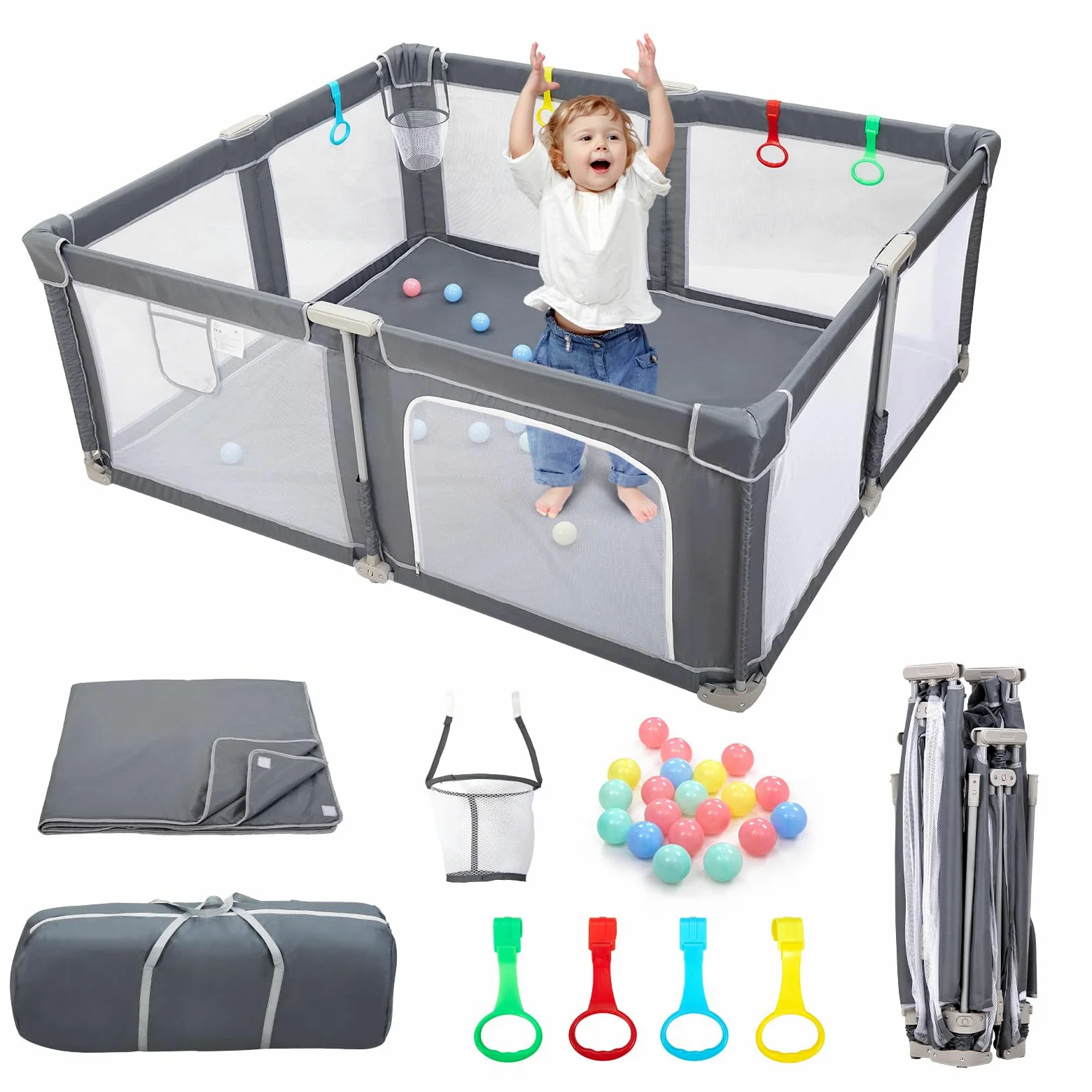 CHOLY faltbarer Baby-Laufstall mit Matte, Laufstall für Babys Kleinkinder | tragbarer Spielplatz mit Ozeanbällen, schnell aufbaubarer Kinderzaun mit Reisetasche (grau, 180*150 cm)
