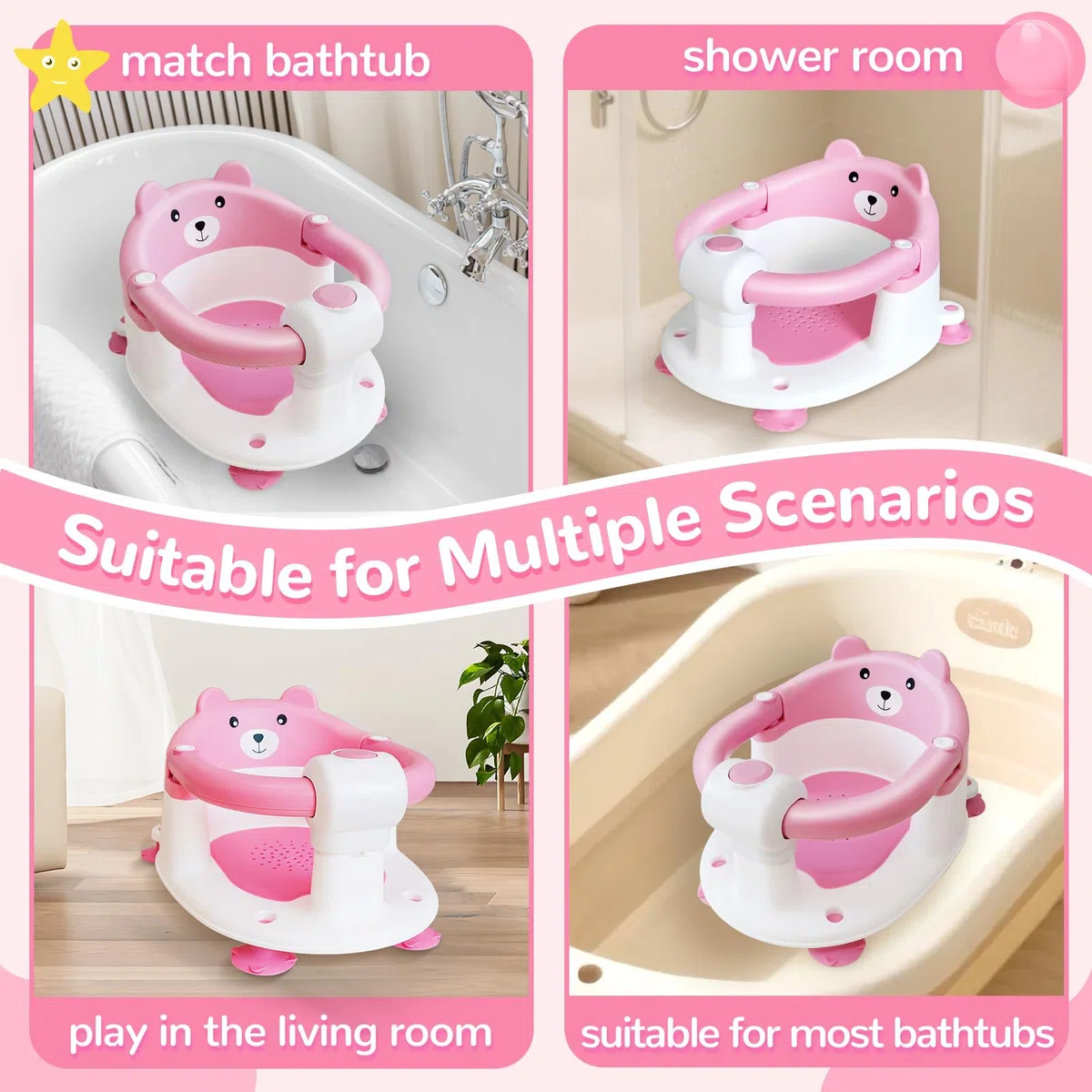 Baby Badesitz für Babys ab 6 monate, Kleinkind-Badesitz für Säugling und Neugeborenes, Rutschfester Sitz-Up-Babybadsitz mit 4 Saugnäpfen