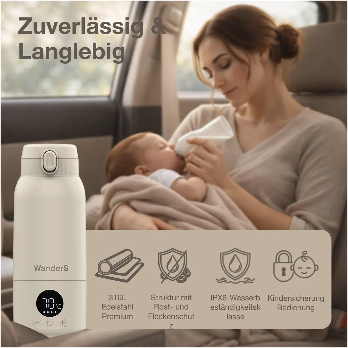 Tragbarer Flaschenwärmer Baby von WanderS – 500ML Milchwärmer mit Präziser Temperaturkontrolle, Integrierter Sterilisator, 316L Edelstahl, USB-C Schnellladung, IPX6 Wasserdicht & Sicherheitsverschluss