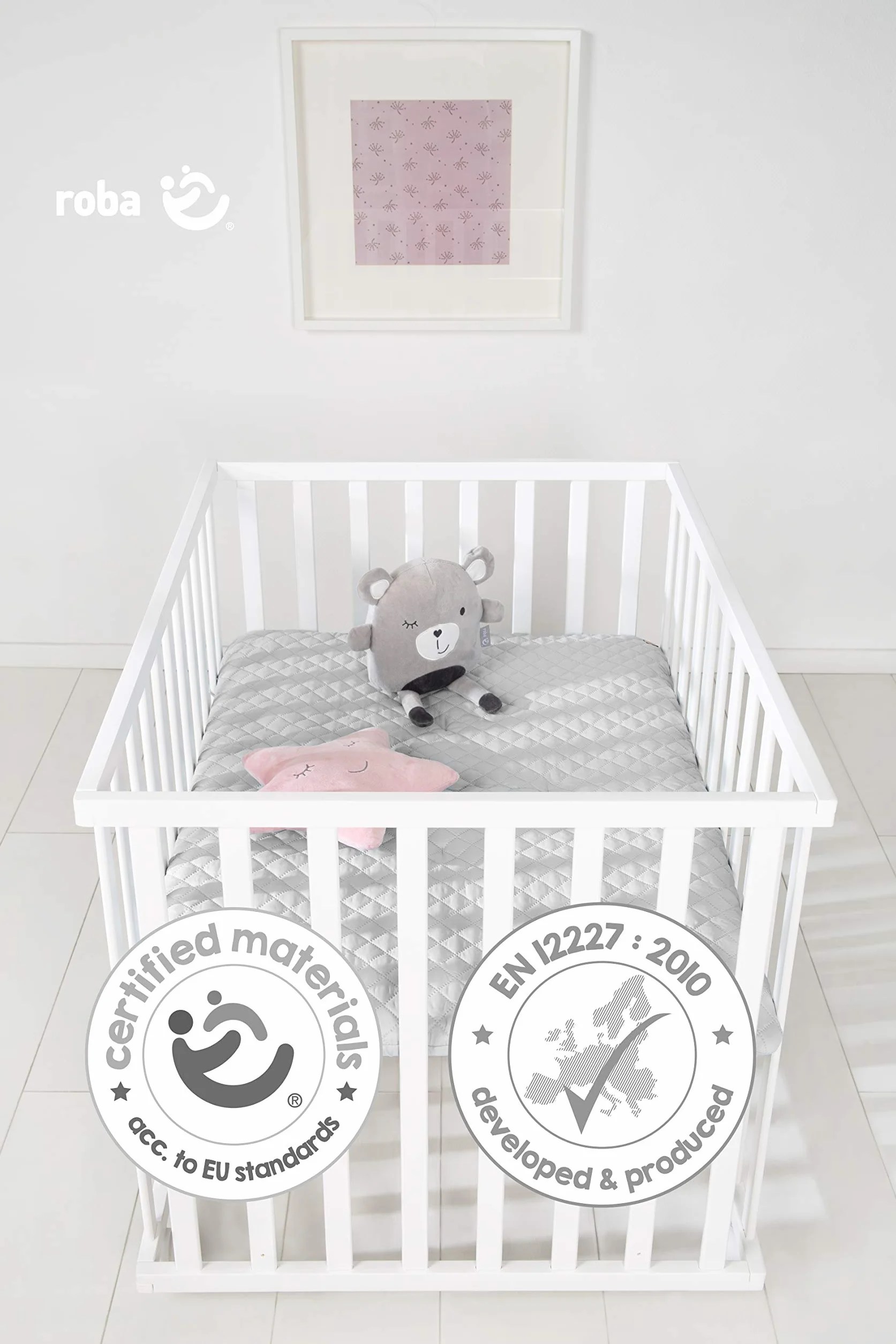 roba Laufgitter 75 x 100 cm - Baby Spielgitter + Einlage roba Style grau - 3-fach höhenverstellbar - Mobiler Laufstall mit Rollen - Holz weiß