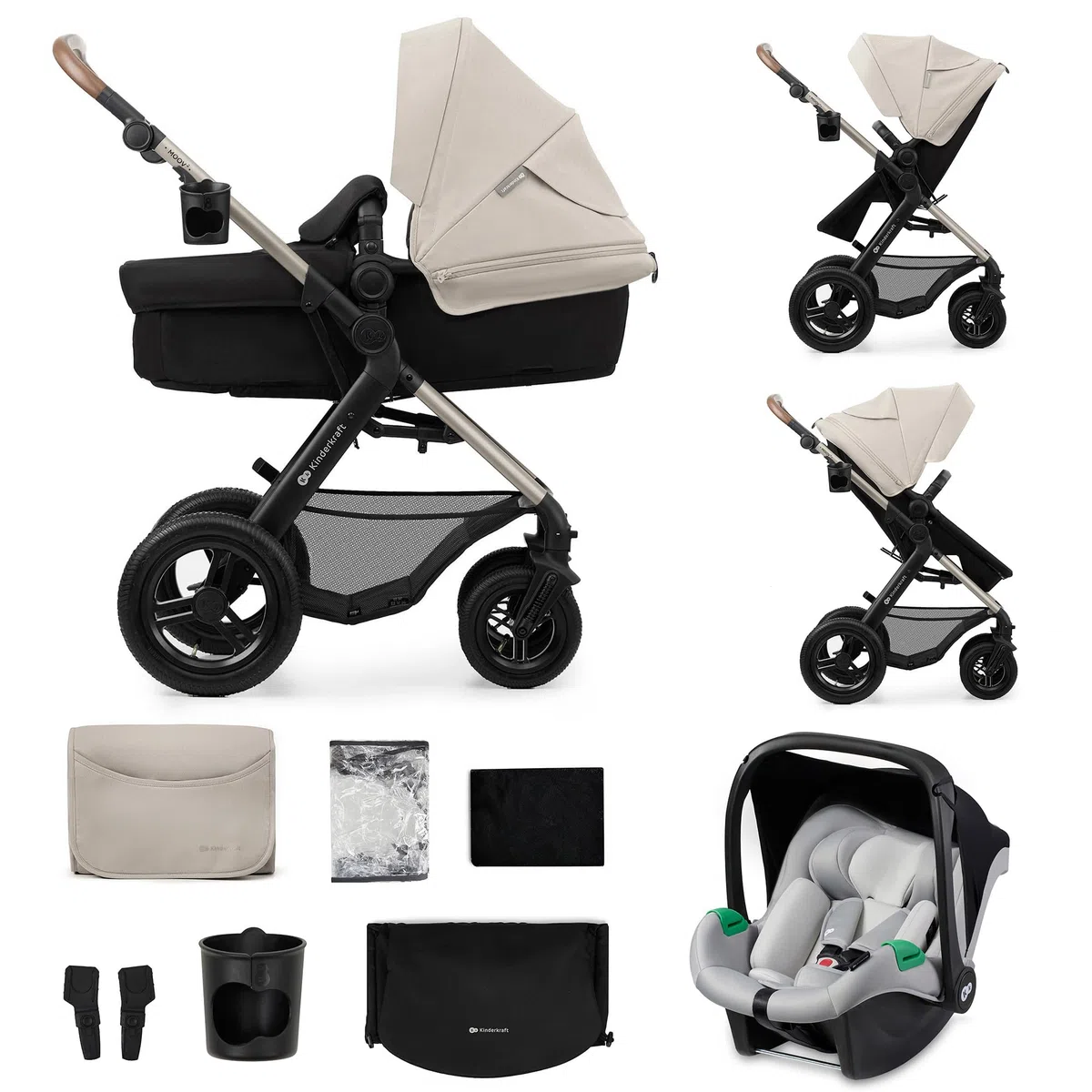 Kinderkraft MOOV2 AIR Kinderwagen 3 in 1 Set bis 22 kg I-SIZE 40-75 cm, Buggy, Liegeposition, Verdeck, Aufblasbare Räder, Grau