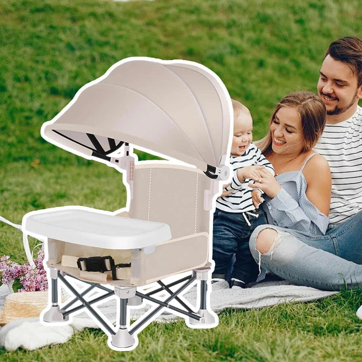 Klappbarer Tragbarer Babysitz Reise Kleinkindersitz Mit Tablett Zum Essen | Mit Sonnendach Für Draußen Camping Garten Picknick Reisen