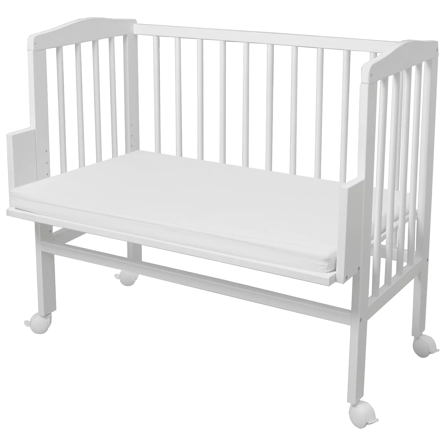 waldin Baby Beistellbett mit Matratze und Stoffen, Höhen-verstellbar, Große Liegefläche 90x55cm, Weiß Lackiert, Weiß/Punkt Grau