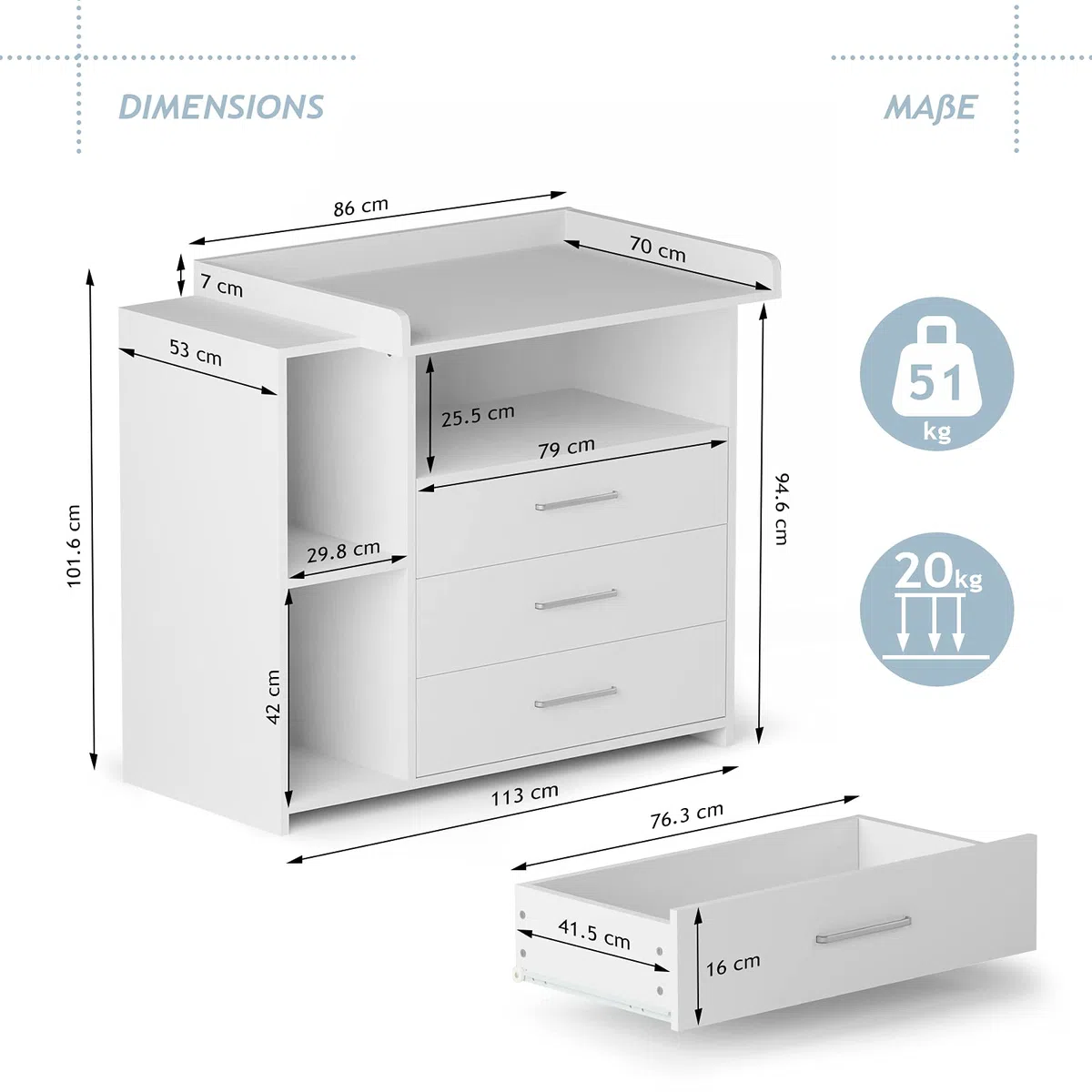 Infantastic Wickelkommode 3 Schubladen 3 Fächer 113x53x101.6 cm MDF Weiß Grau Sonoma Baby Kommode Wickeltisch
