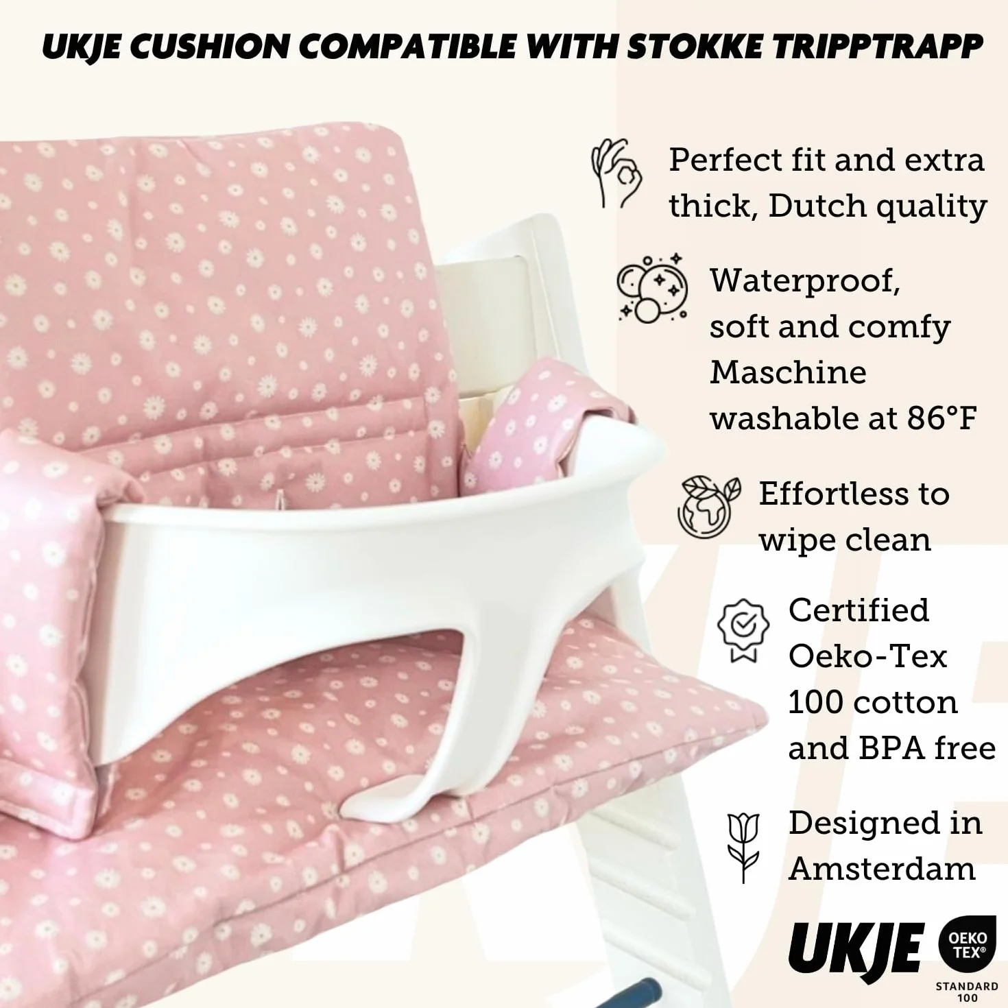 Ukje | Sitzkissen kompatibel mit Stokke Tripp Trapp Hochstuhl | Abwaschbar | Viele Farben & Muster | Kissen Polster Sitzauflage | Extra dick gefüttert | Sitzverkleinerer | Rosa Daisy