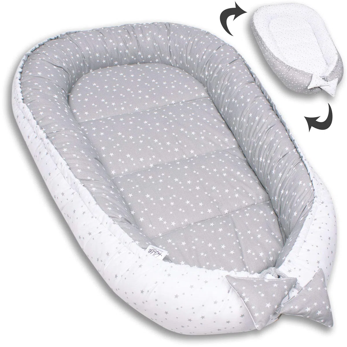PaLulli Babynest Babynestchen 50x90 cm Babykokon, 2seitig, 100% Baumwolle, Nestchen für Babybett, Kuschelnest, Kissen, Reisebett für Baby und Säuglinge (Sterne F)