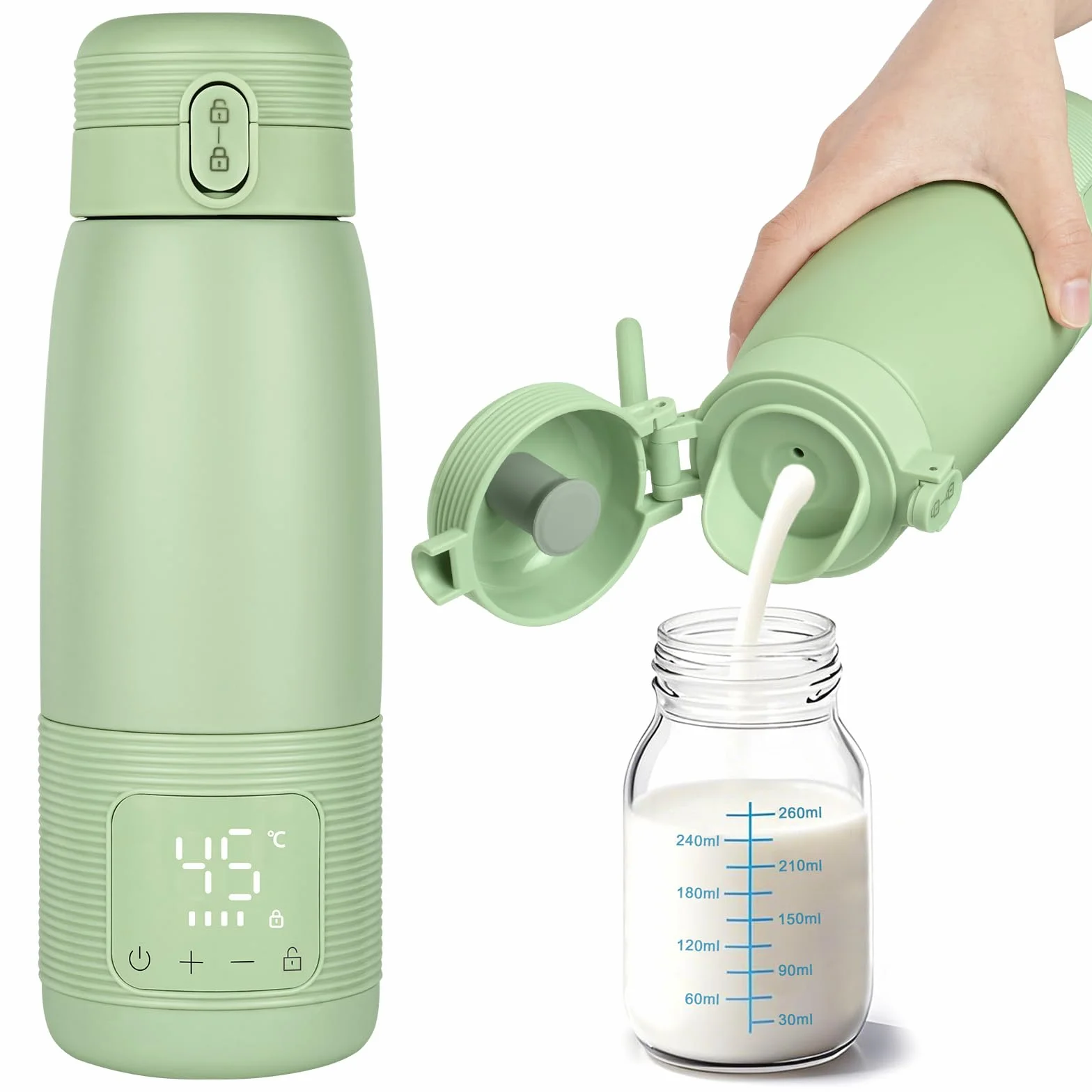 Aolso Tragbarer Baby Flaschenwärmer für Unterwegs, Mobiler und kabelloser Flaschenwärmer, Tragbarer Flaschenwärmer mit USB-C Schnellladung, Große 500ml Kapazität, Warmhaltefunktion (bis zu 12 Stunden)