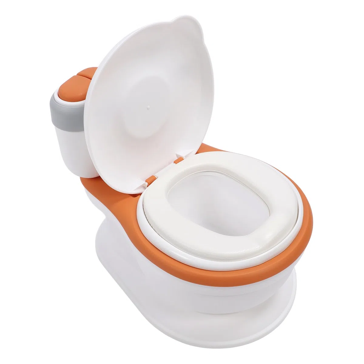 Töpfchen-Trainingstoilette für Kleinkinder, tragbarer Töpfchenstuhl mit Spülgeräusch, Taschentuchspender, auslaufsicher, leicht zu reinigen, für Babys und Kinder, Orange