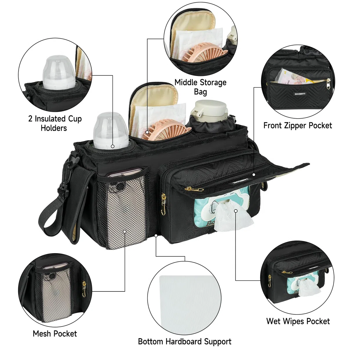 Universeller Kinderwagen-Organizer mit isoliertem Getränkehalter, Kinderwagen-Caddy Tasche mit Feuchttücher-Tasche, Kinderwagen-Zubehör, passend für Uppababy, Doona, Jogger, Britax, Mompush