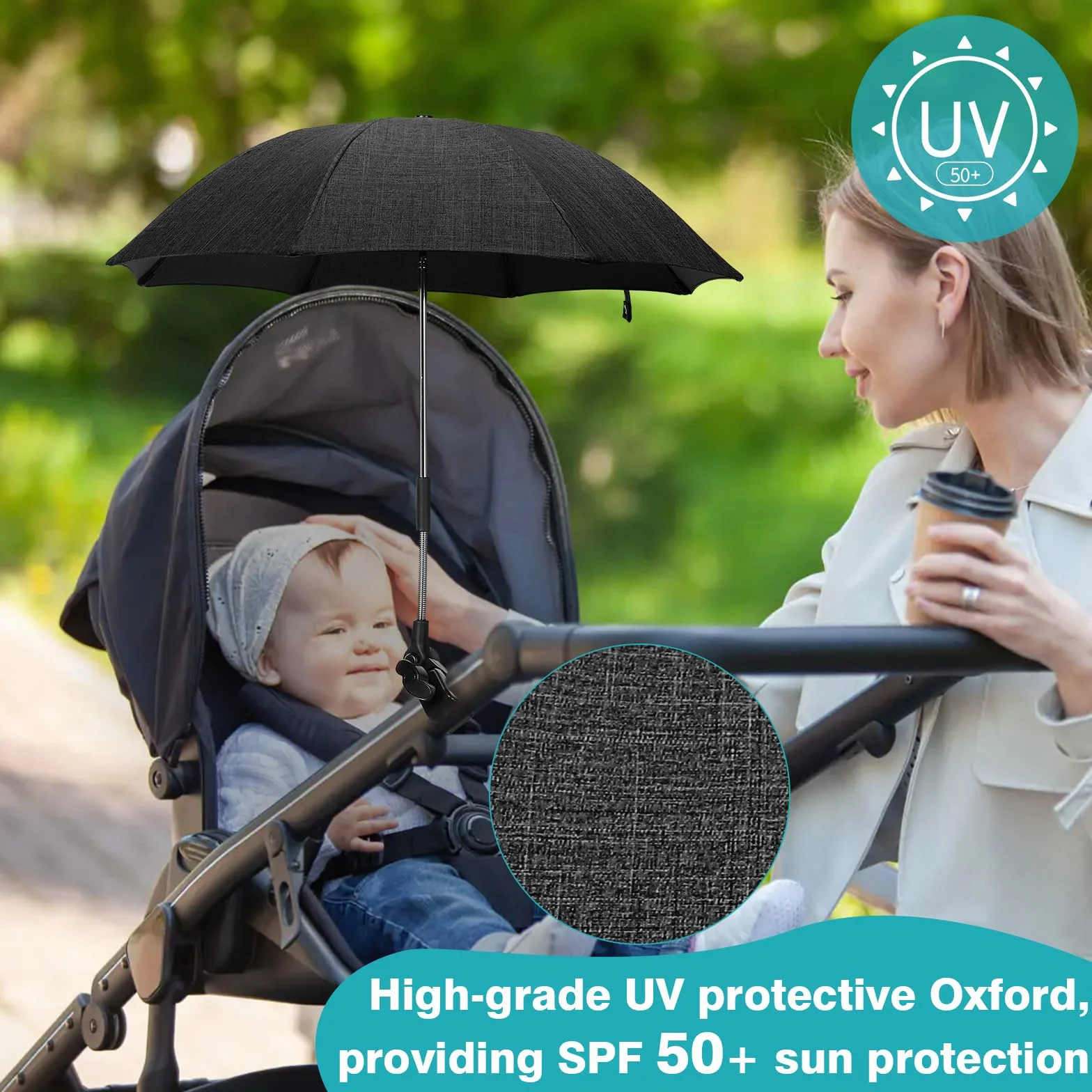 Universal Sonnenschirm für Kinderwagen UV Schutz, UPF50+, Y10 Sonnenschutz Regenschirm für Kinderwagen und Buggy, 71 cm Durchmesser, Universalhalterung für Rund- und Ovalrohre