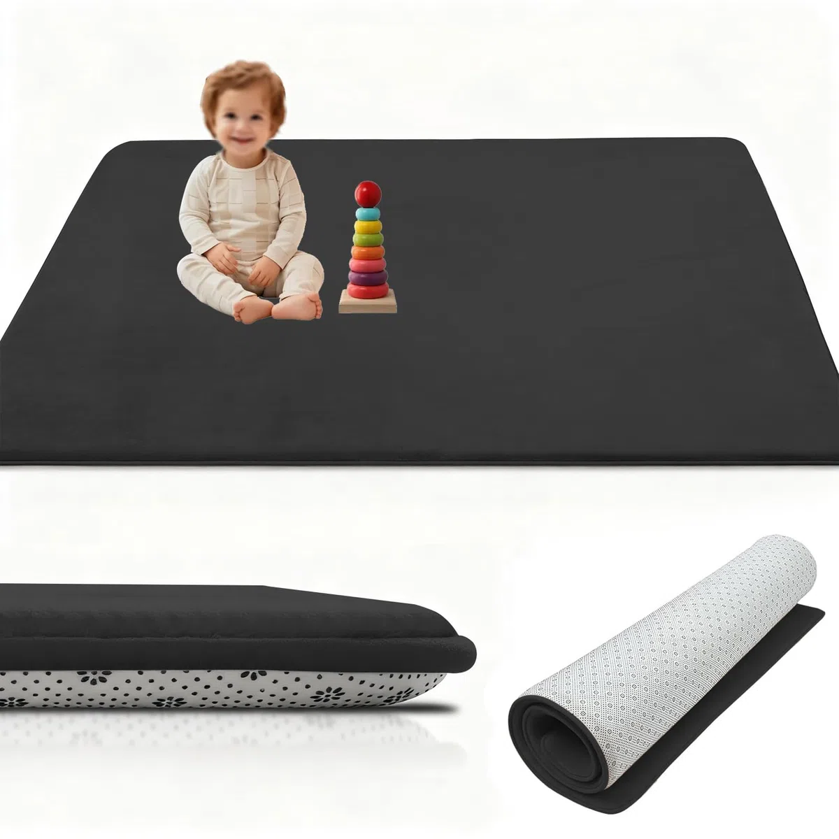 Krabbelmatte Baby spielmatte, 3cm Dick Kinderteppich Krabbeldecke Groß 150 x 200 cm Pures Schwarz, Teppich für Kinderzimmer, Schlafzimmern, Spielteppich Weich rutschfest