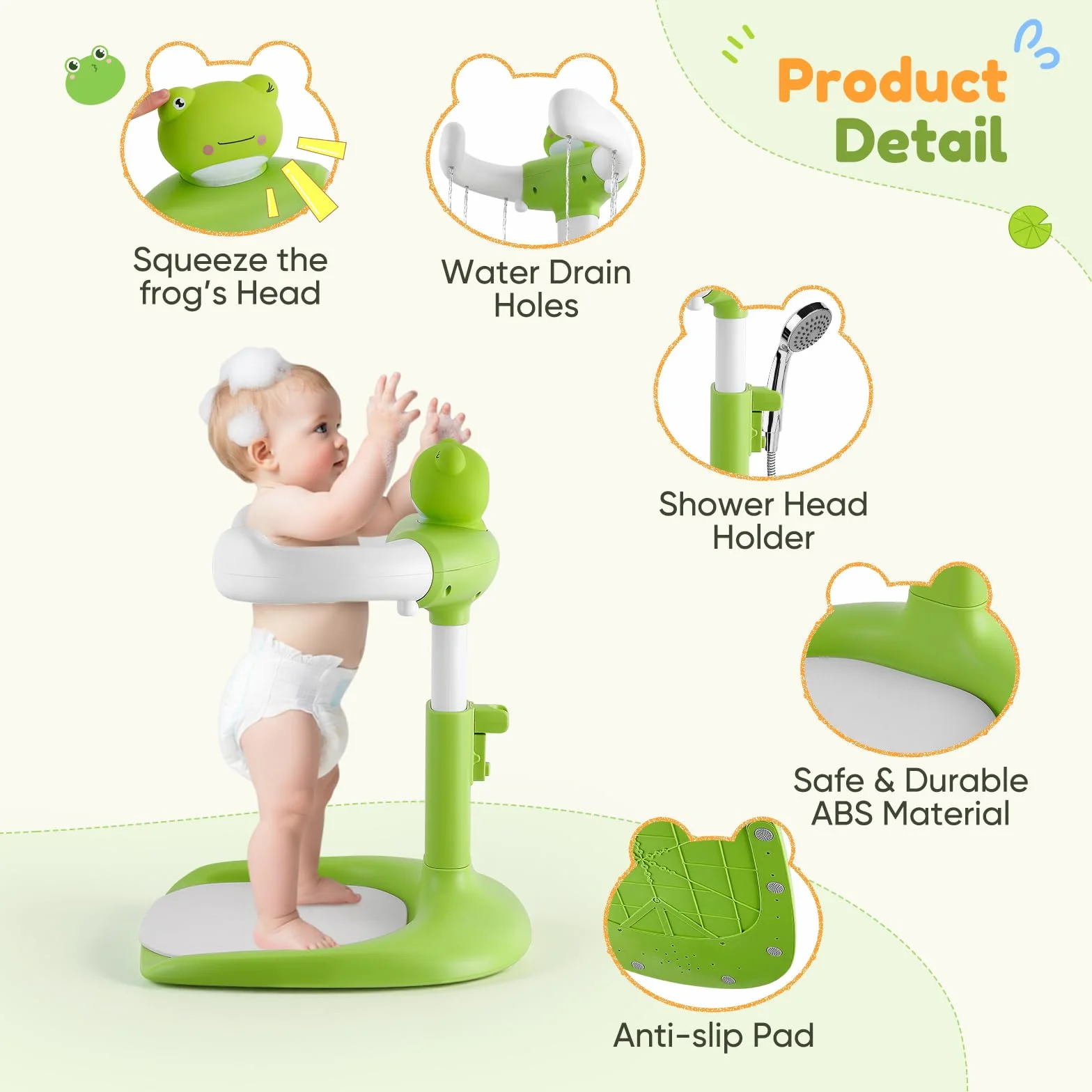 Baby Dusche Ständer mit Duschhalter, Baby Shower Stand Support, Frosch | Höhenverstellbar, Rutschfeste Basis, BPA-frei, Ideal zum Baden, Wickeln & Umkleiden, Für Kinder 6-36 Monate