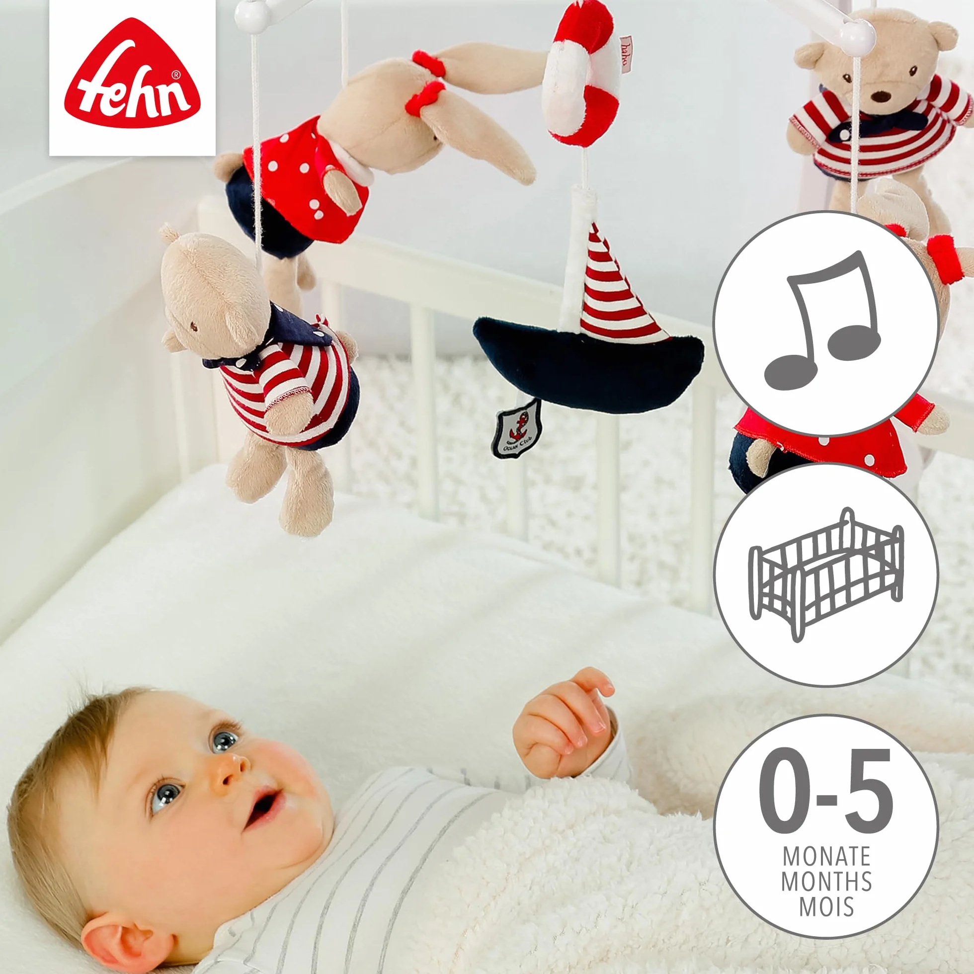 Fehn Musik Mobile Ocean Club - Baby Einschlafhilfe Musikspielzeug mit süßen Tieren - Babymobile Spieluhr Melodie "Der Mond ist aufgegangen" - Musikmobile Babybett Spielzeug für Babys von 0–5 Monaten