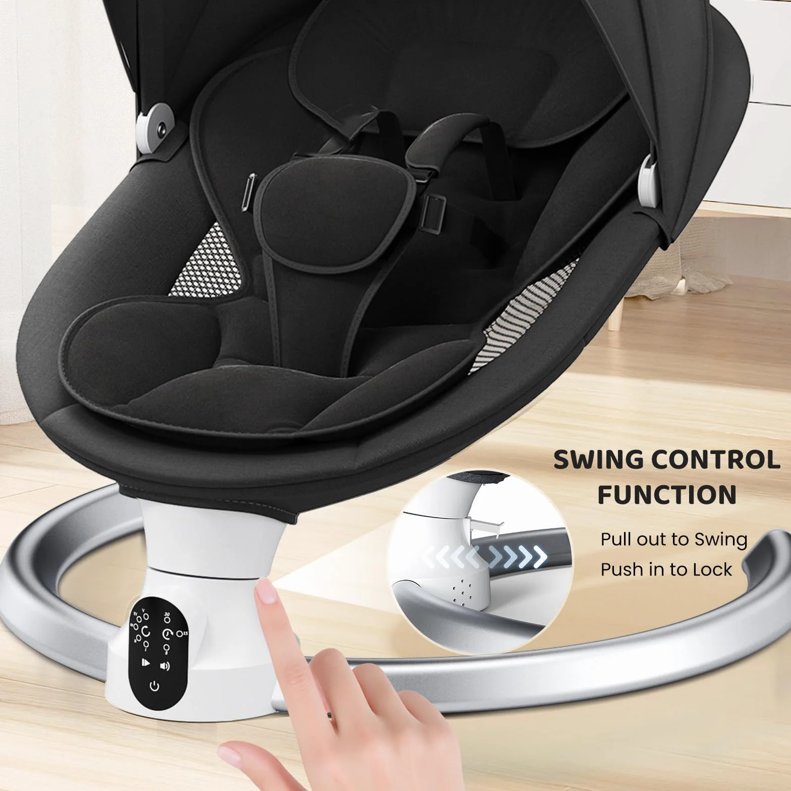 Babywippe Elektrisch - App & Fernbedienung Babyschaukel Elektrisch Mit 3 Timer, 5 Schaukelgeschwindigkeiten, 10 Musik, Bluetooth Verbindung Weich Gepolstert Baby Wippe (Schwarz)