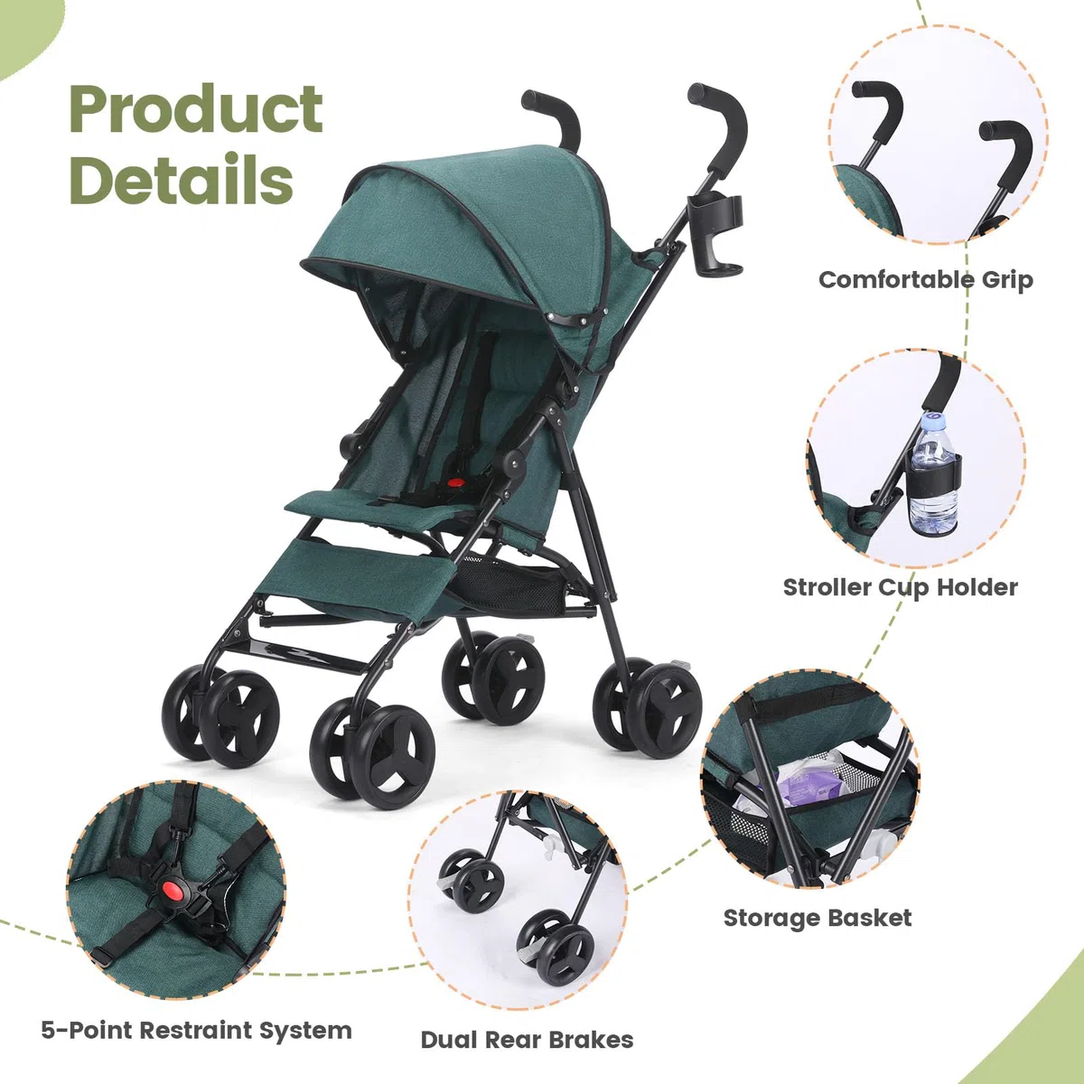 Faltbar Regenschirm Kinder-Buggy Kinderwagen, Leicht Regulierbarer 5-Punkt-Sicherheitsgurt, Zusammenklappen mit einer Hand, großes Verdeck, Robuster alle 4 Räder gedämpft, Einkaufskorb (Dunkelgrün)