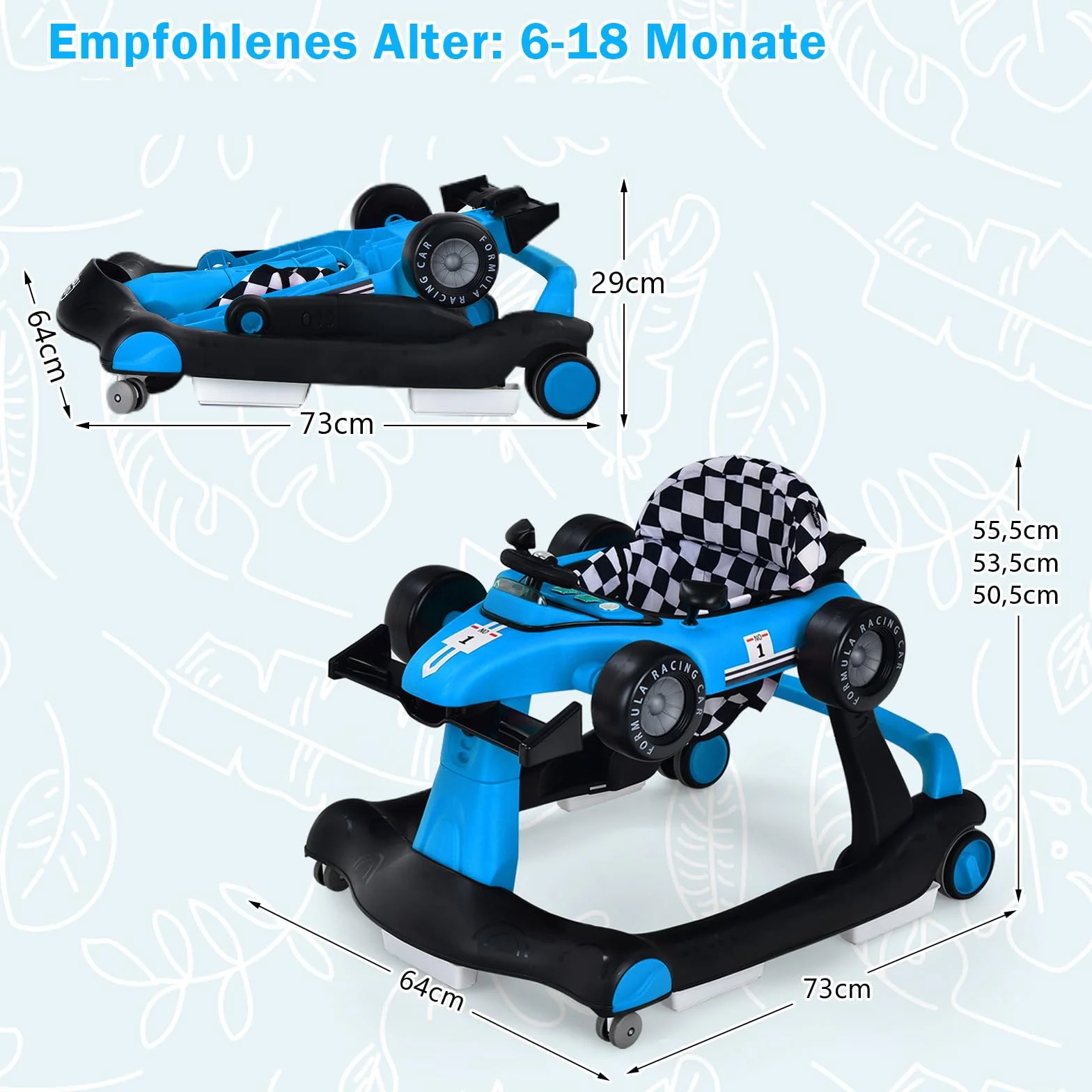 COSTWAY 4 in 1 Lauflernhilfe, Lauflernwagen klappbar mit einstellbarer Höhe & Geschwindigkeit, Baby Walker Autoförmig mit Musikbox, Licht & Rädern, Gehfrei Baby ab 6 Monaten, 12kg Belastbar (Blau)