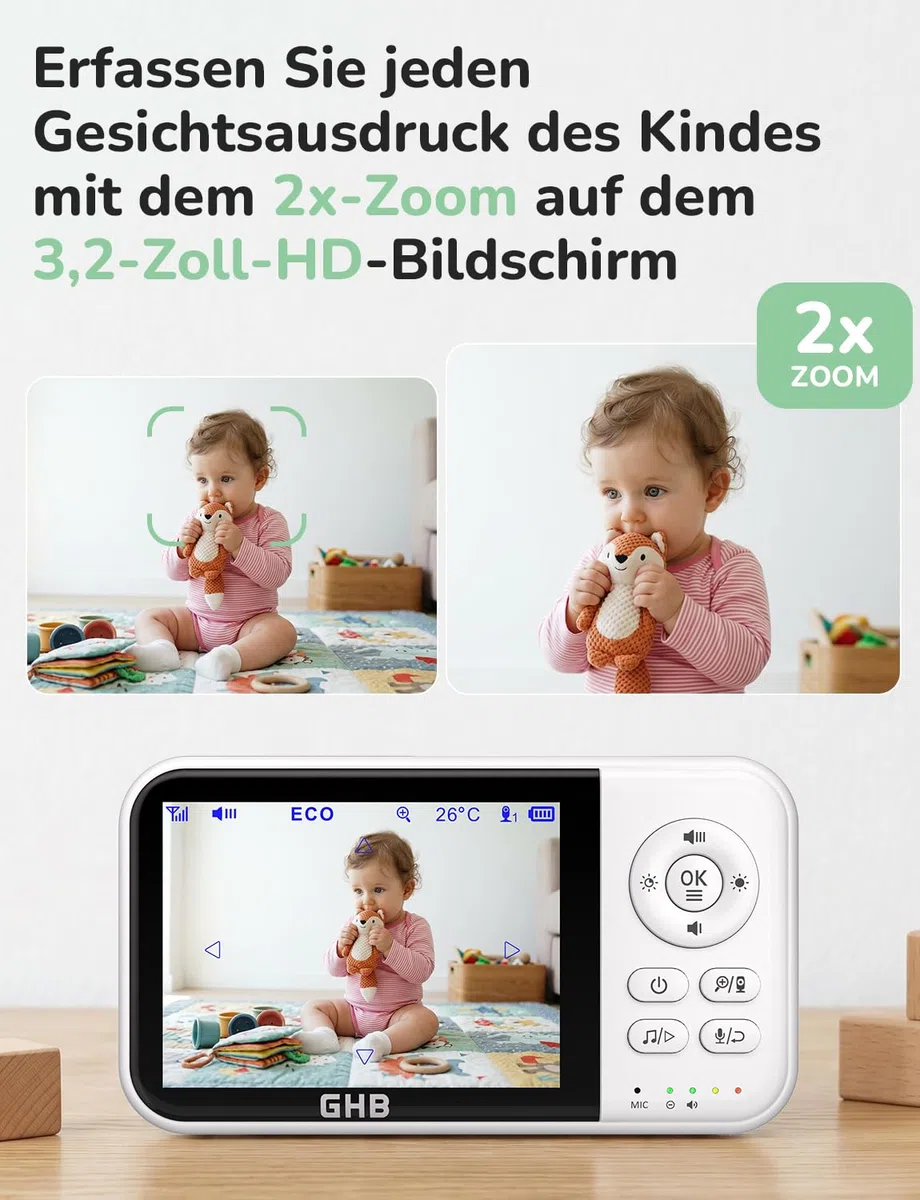 GHB Babyphone mit Kamera 3,2 Zoll LCD 2100 mAh Akku ECO Modus 60 Stunden 2X Zoom Gegensprechen Temperatursensor Nachtsicht