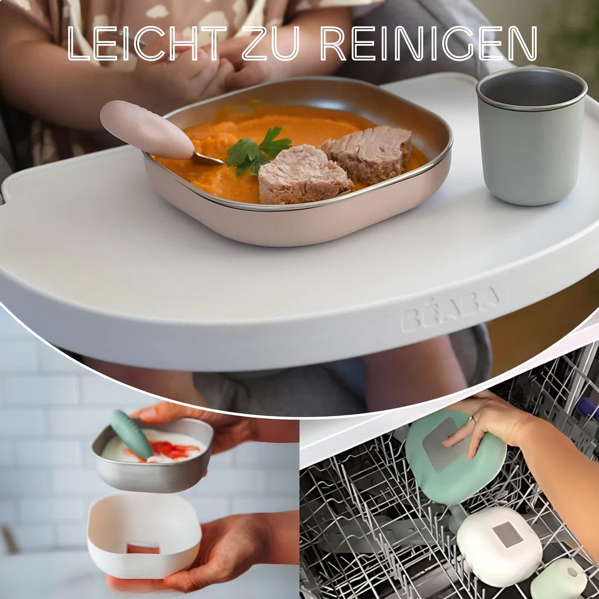 BÉABA Baby-Essensset Edelstahl 3-teilig – Glas + 2 Teller mit Silikonhülle, Mikrowellen- & Spülmaschinengeeignet, Leicht, Bruchsicher & Rutschfest – Farbe Barbapapa